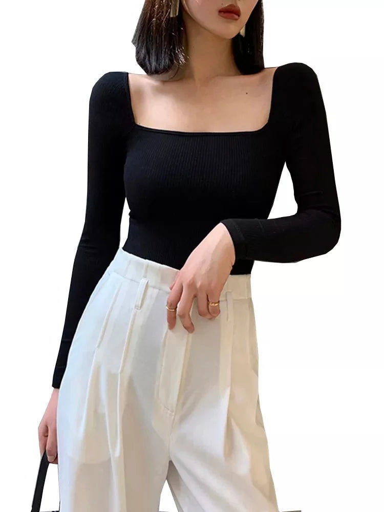 Elegant Scoop Neck Long Sleeve Cotton Pullover Tee for Women - Office Casual Y2K Style Mercerized Cotton Shirt (B026) | Perfect for Work, Dating & Everyday Wear