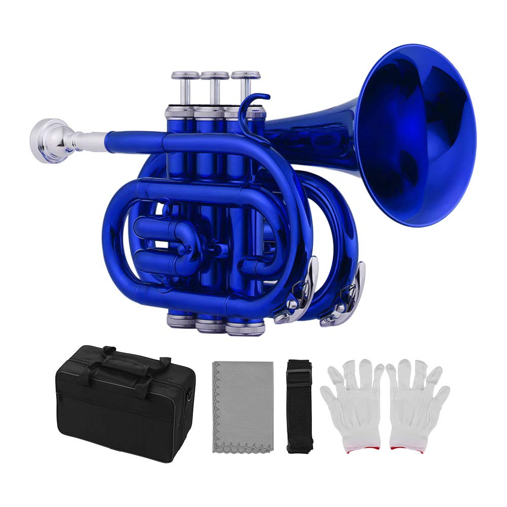 Portable Bb Pocket Trumpet - Compact Brass Wind Instrument with Mouthpiece, Gloves, Cleaning Cloth & Carrying Case | Perfect for Travel, Practice & Beginner Musicians