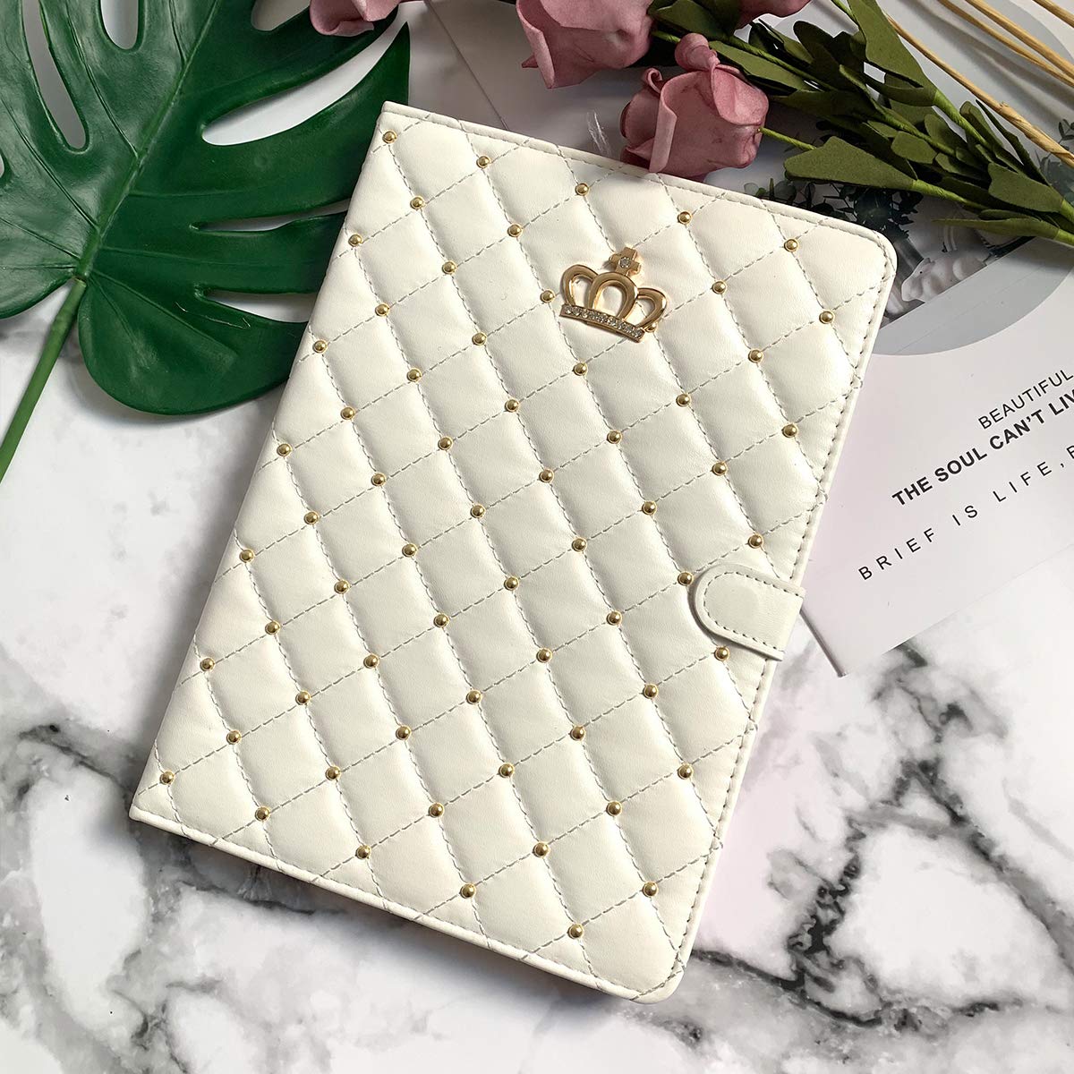 Elegant Diamond Bling PU Leather Case for iPad 9.7 Inch (6th/5th Gen 2018/2017 & iPad Air 2/Air) - Auto Sleep/Wake, Shockproof Folio Stand Cover - Perfect for Work, School & Travel (White)