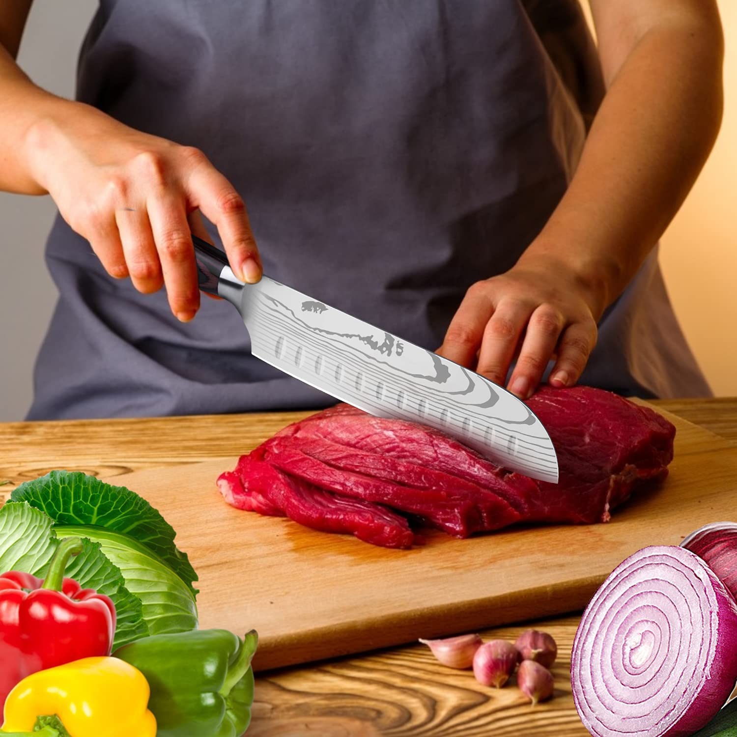 Premium 7 Inch Santoku Knife - Japanese Chef Knife with German High Carbon Stainless Steel Blade, Ergonomic Handle, Ultra Sharp (Silver & Maroon) | Perfect for Slicing, Dicing & Chopping Vegetables, Meat & Fish in Professional & Home Kitchens