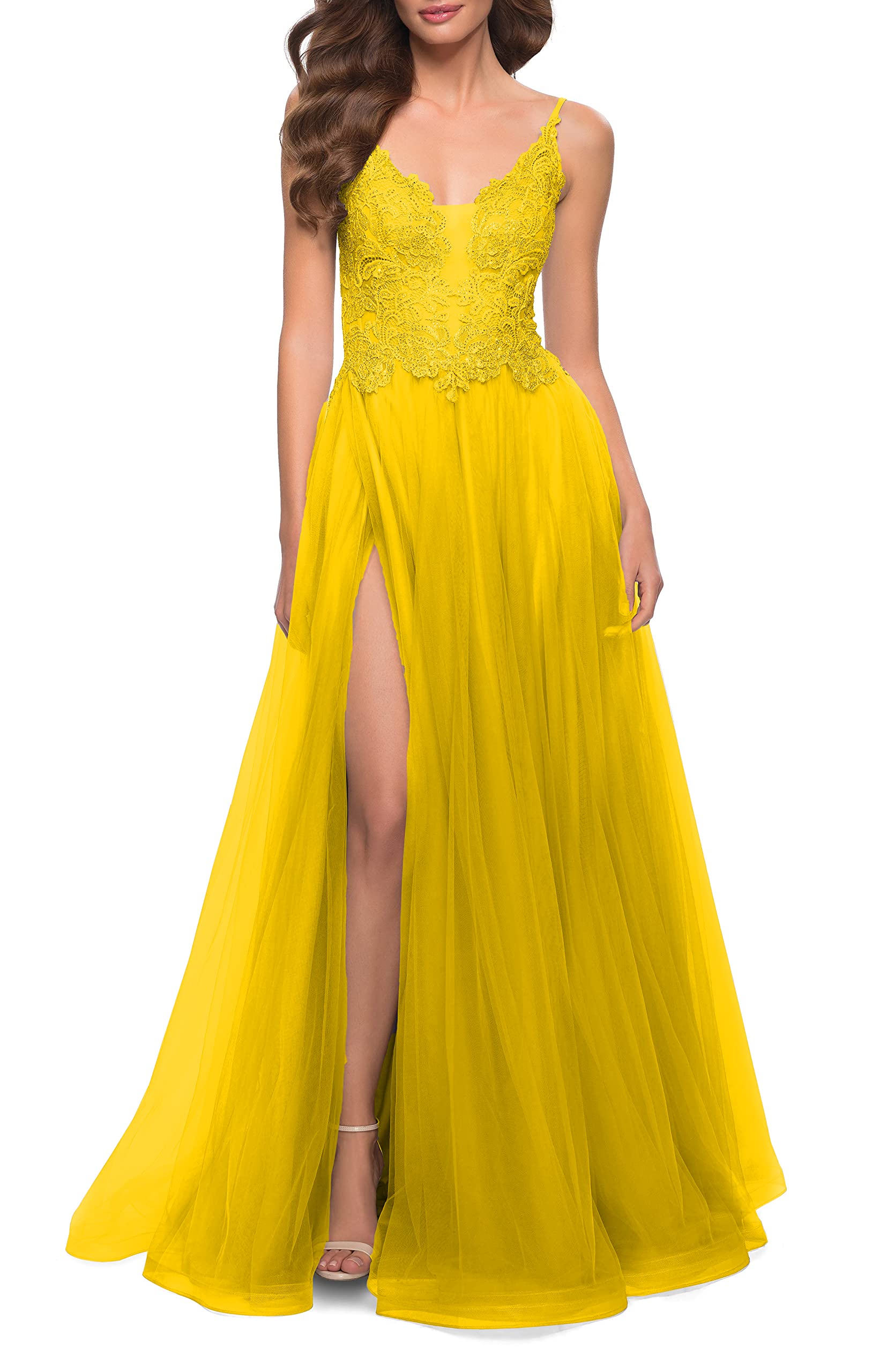 Elegant V-Neck Tulle Prom Dress with Spaghetti Straps & Lace Appliques - Long Formal Evening Gown with High Slit for Women | Perfect for Homecoming, Prom Night & Black Tie Events