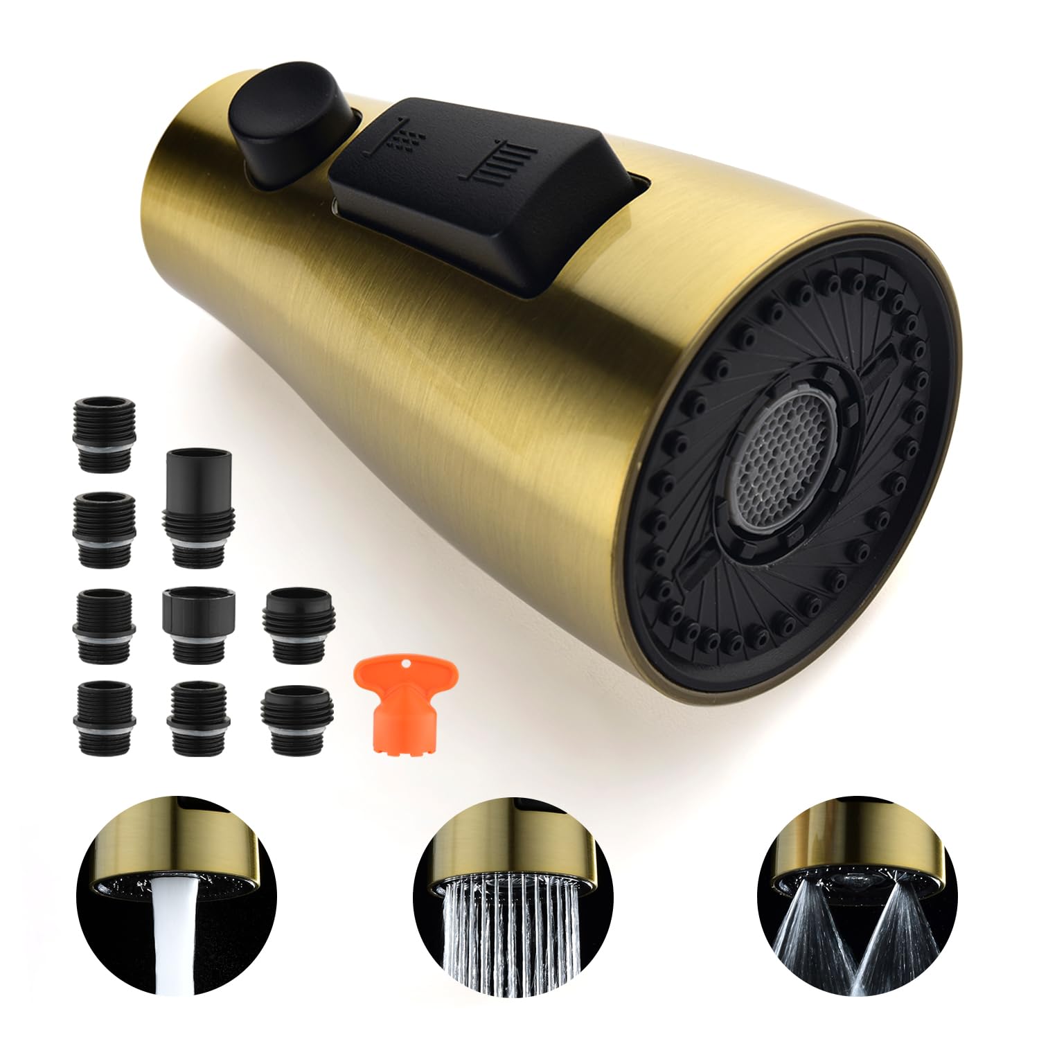 Upgraded GORDEE 3-Function Kitchen Faucet Sprayer Head Replacement (Stream/Spray/Blade) with Check Valve, 1.8 GPM Flow Rate, Includes 9 Adapters for Universal Fit - Brushed Gold Finish - Perfect for Sink Cleaning, Dish Washing & Food Prep