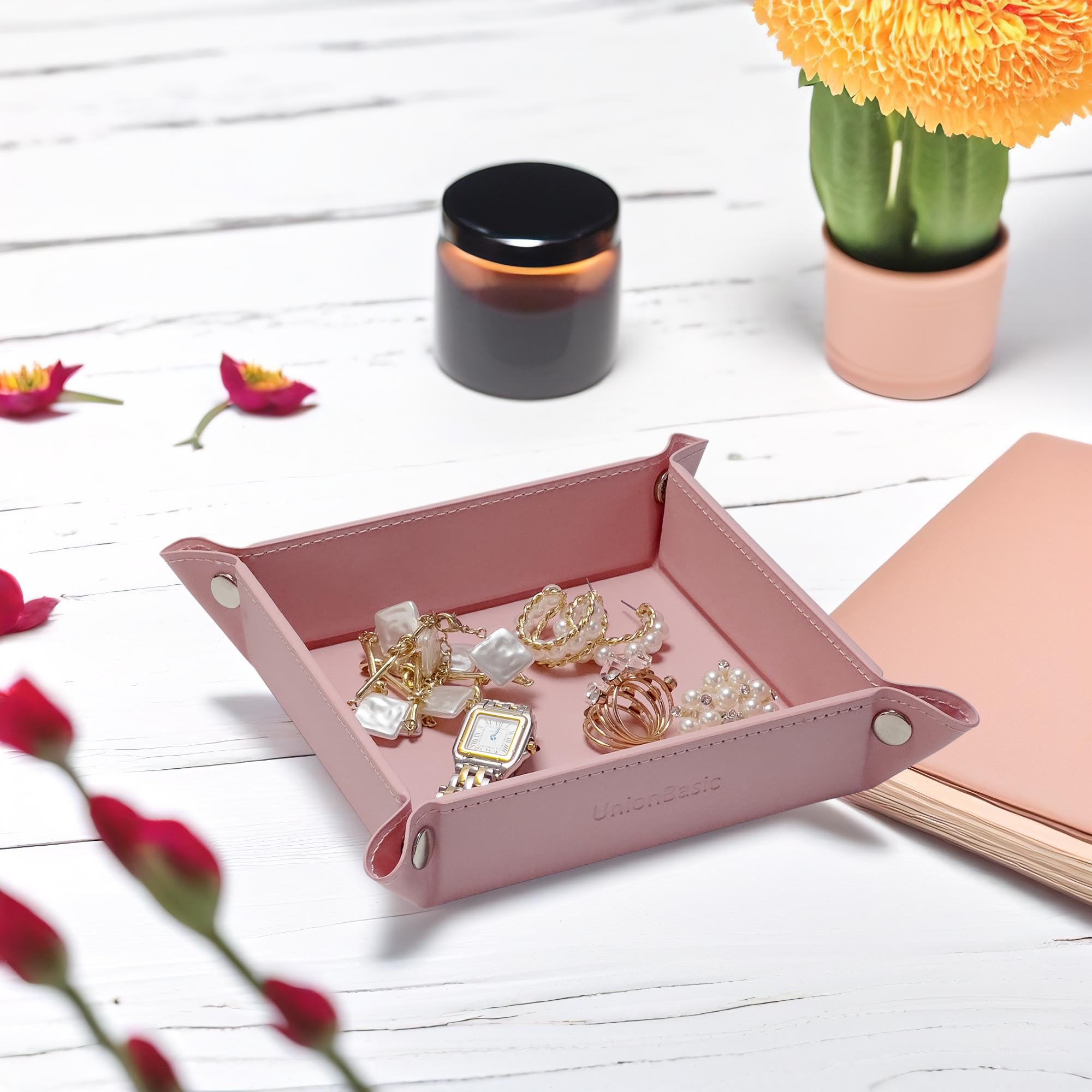 UnionBasic Small Valet Tray - Jewelry Organizer for Rings, Watches & Earrings | Entryway Catchall for Keys, Coins & Change | Nightstand Bedside Valet Holder | Electronic Gadgets & Candy Storage | Perfect for Home, Office & Travel Use - Candy Pink