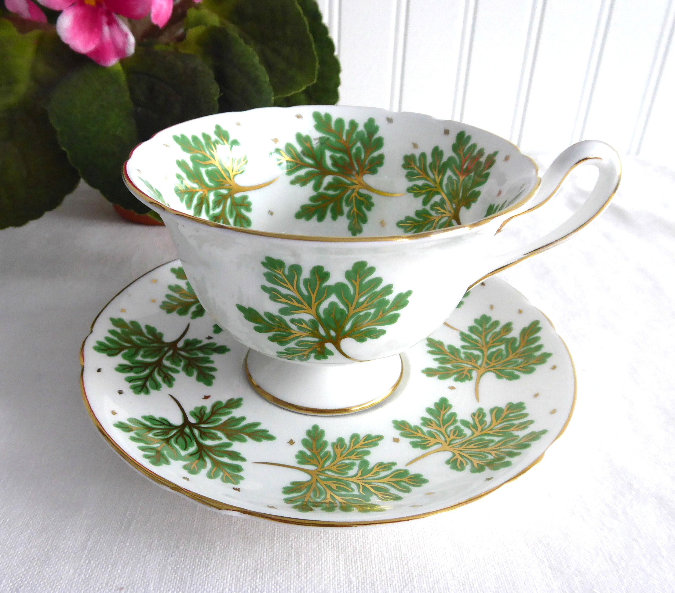 Vintage Shelley England Gold Veined Green Leaves Cup and Saucer Set - Gainsborough Pedestal Design 1950s - Perfect for Afternoon Tea, Collectibles & Home Decor