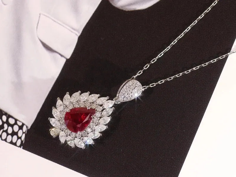 18K White Gold Diamond & Ruby Pendant Necklace for Women - Elegant Customizable Jewelry for Banquets, Parties & Special Occasions