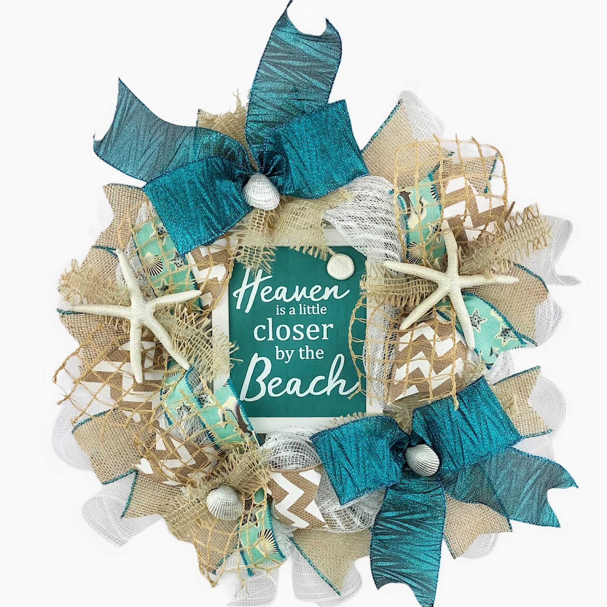 Handmade Coastal Beach Wreath for Front Door Decor - White Mesh & Ribbon with Starfish Design - Perfect for Nautical Home Decor, Porch Hanging, or Indoor Wall Decoration