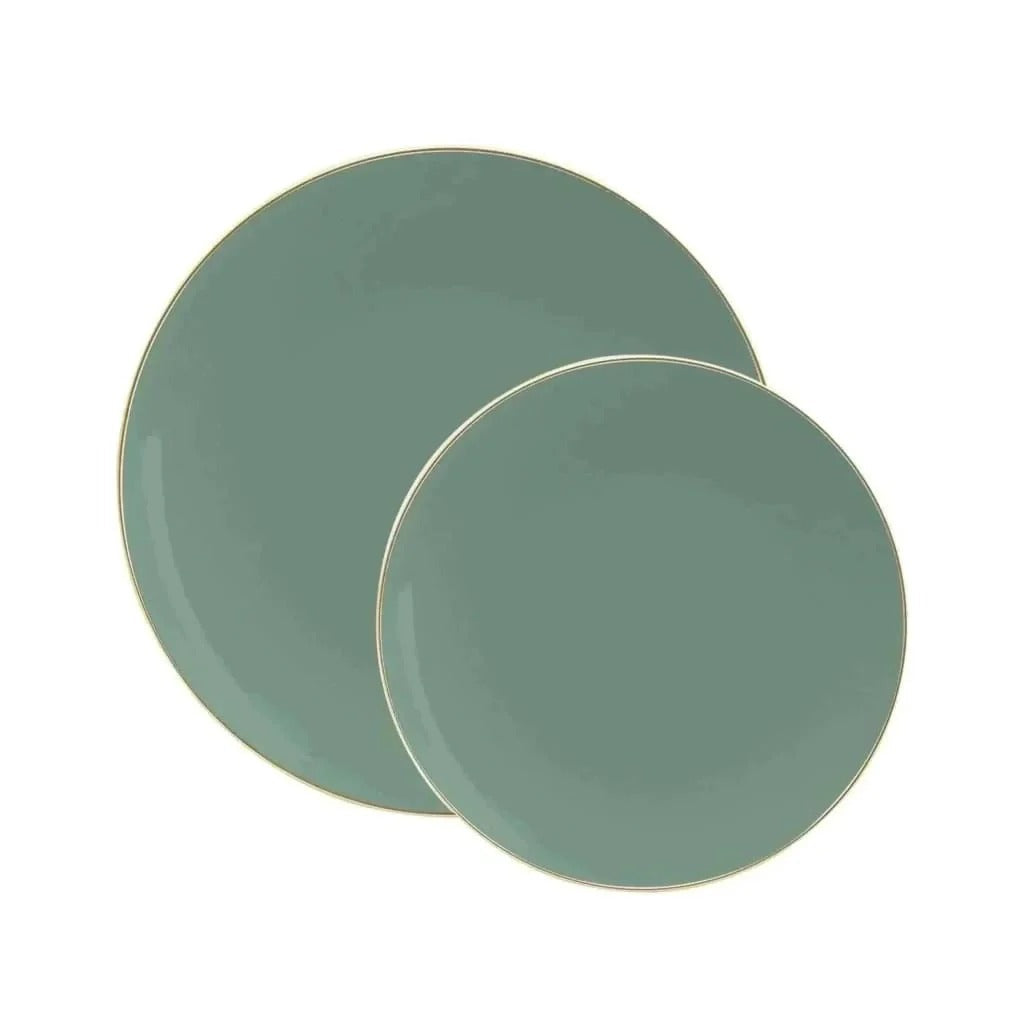Eco-Friendly Sage Green & Gold Rim Round Plastic Plates - 12-Pack Disposable Dinnerware for Parties, Picnics, and Events | BPA-Free & Compostable