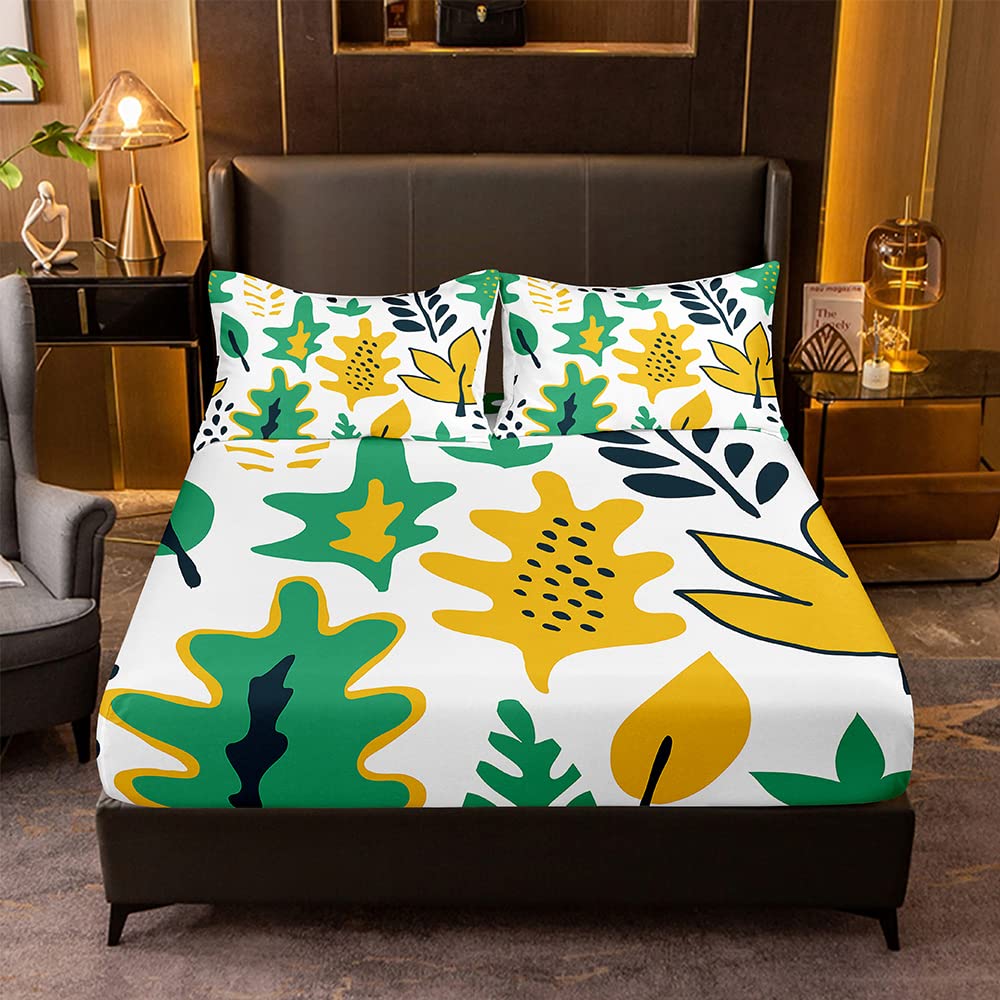 Botanical Leaf Print Fitted Sheet Queen Set - Green Yellow Plant Design Bedding with 2 Pillowcases for Cozy Home Decor & Nature-Inspired Bedroom
