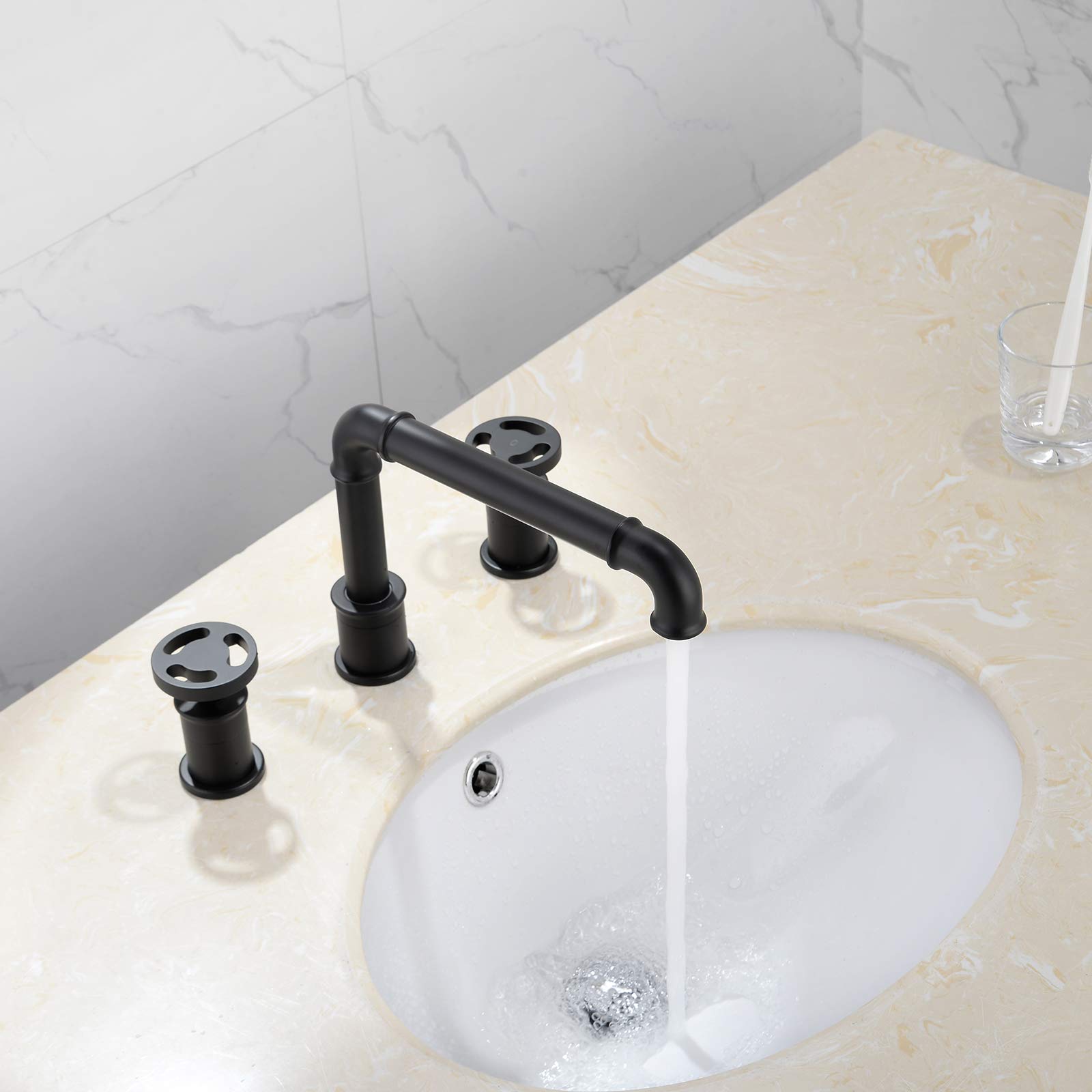 Industrial Style Black Brass Widespread Bathroom Faucet - Double Handle 3 Hole Deck Mounted Sink Mixer Tap with Hot/Cold Water - Perfect for Modern Vanity & Lavatory (Home, Hotel, Restaurant Use)