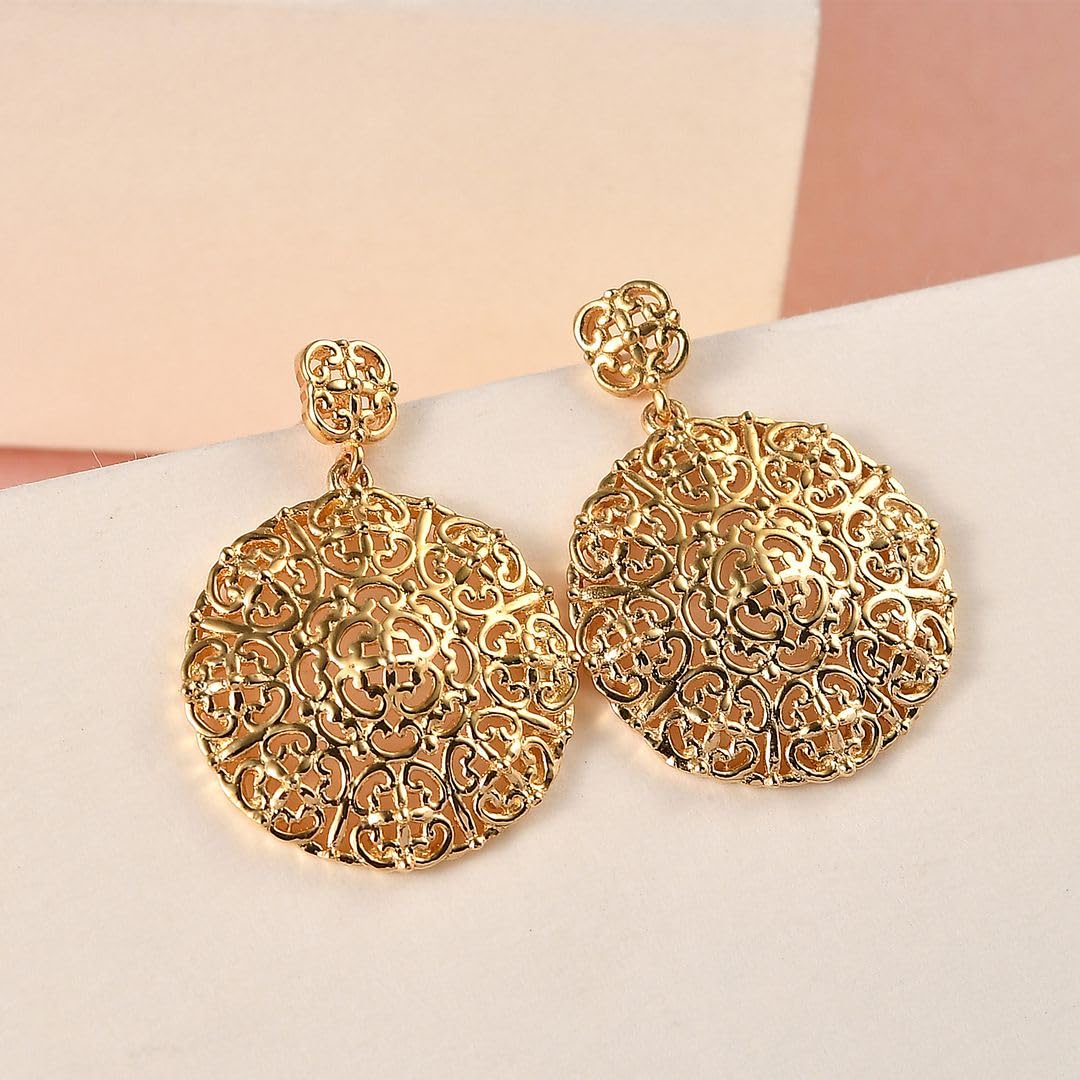 **14K Gold Plated Filigree Drop Hoop Earrings for Women - Elegant Openwork Disc Circle Boho Jewelry - Perfect for Summer, Beach, Parties & Birthday Gifts**    *(Note: Removed duplicate 