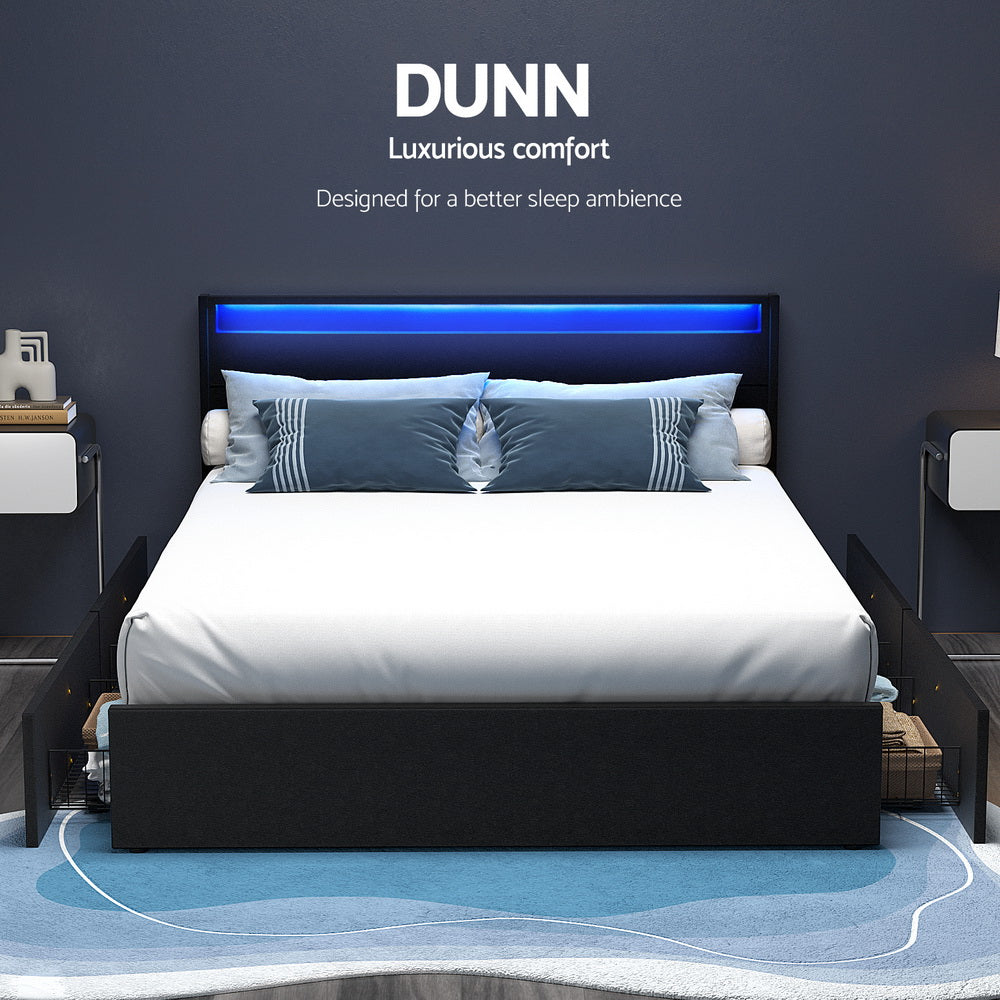 Dunelight LED Double Bed Frame with 4 Storage Drawers - Black | Modern Platform Bed with Underbed Storage & Ambient Lighting | Perfect for Small Bedrooms, Apartments & Guest Rooms