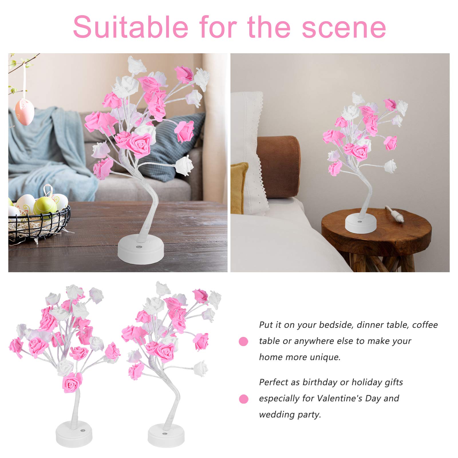 SOLUSTRE Rose Tree Lights - 24 LED Table Lamp for Bedroom, Study Desk, Wedding Decor, Office - Dual Purpose Decorative Night Light with PVC Rose Bush Design - Perfect for Romantic Ambiance, Gift Giving & Home Decor