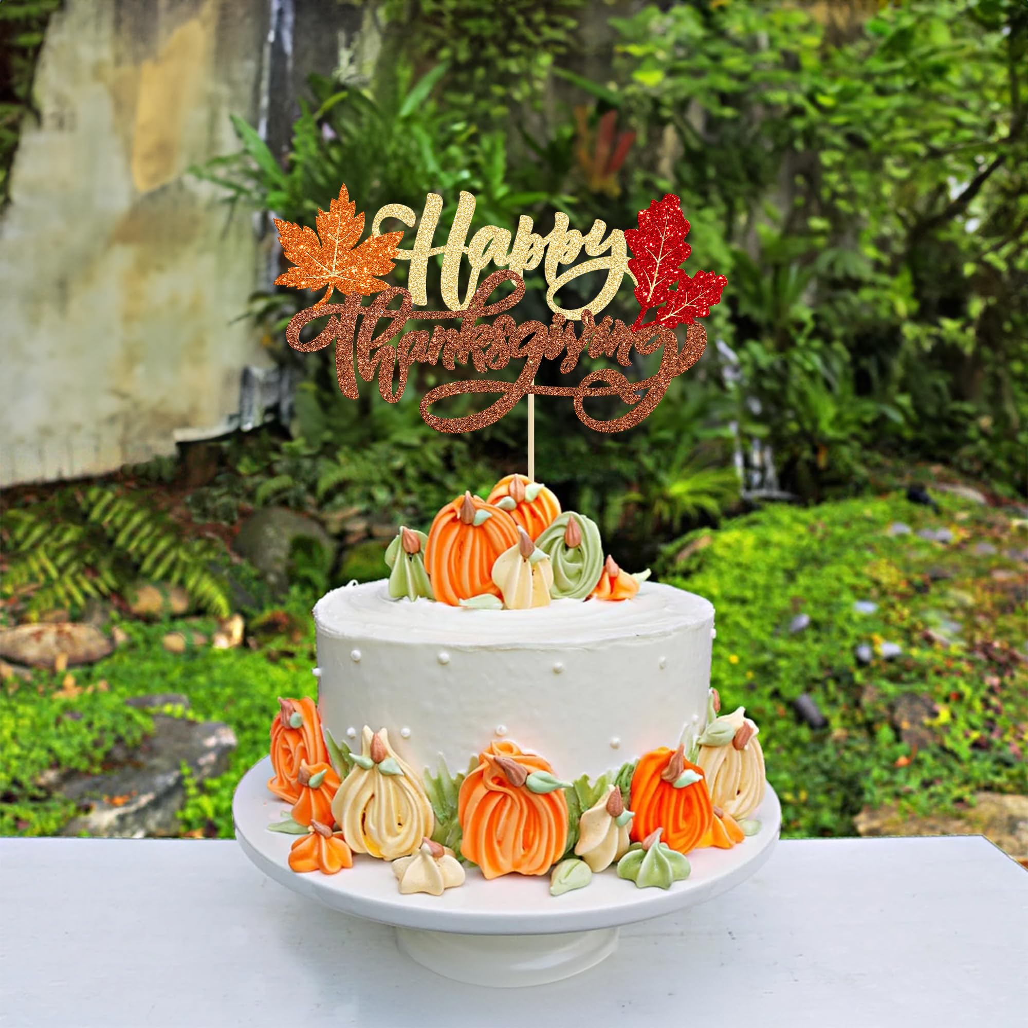 Happy Thanksgiving Cake Topper - Glitter Maple Leaves Cake Decorations for Friendsgiving, Autumn & Fall Theme Parties | Give Thanks Cake Picks for Thanksgiving Day Celebration | Perfect for Dessert Table, Holiday Baking & Festive Decor