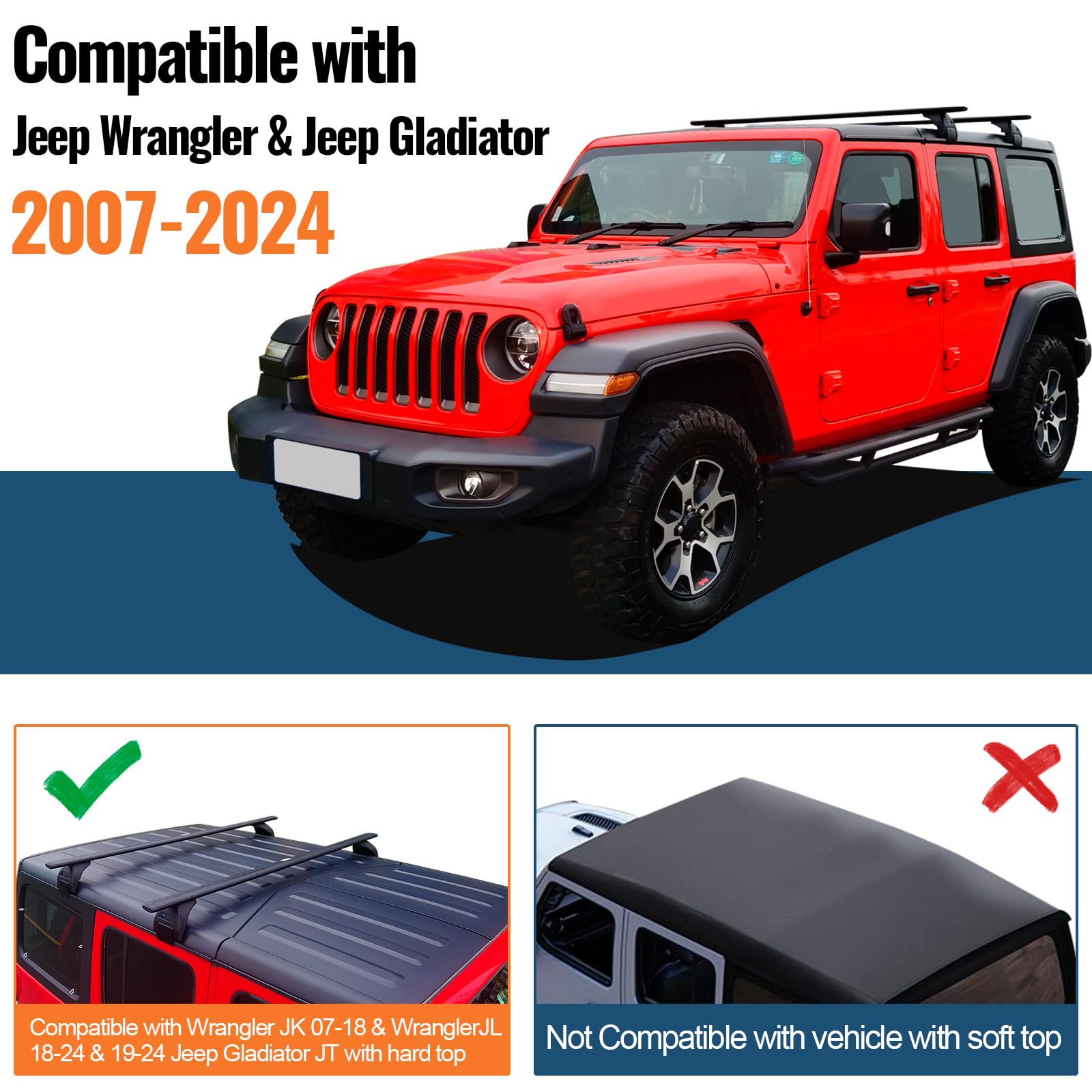 Heavy Duty Aluminum Roof Rack Cross Bars 200lb Capacity - Compatible with Jeep Wrangler JK JL & Gladiator JT (2007-2024 Models) - Anti-Theft Locking System - 2/4 Door Universal Fit - Perfect for Rooftop Cargo, Kayak, Bike, Ski & Outdoor Gear Carrier