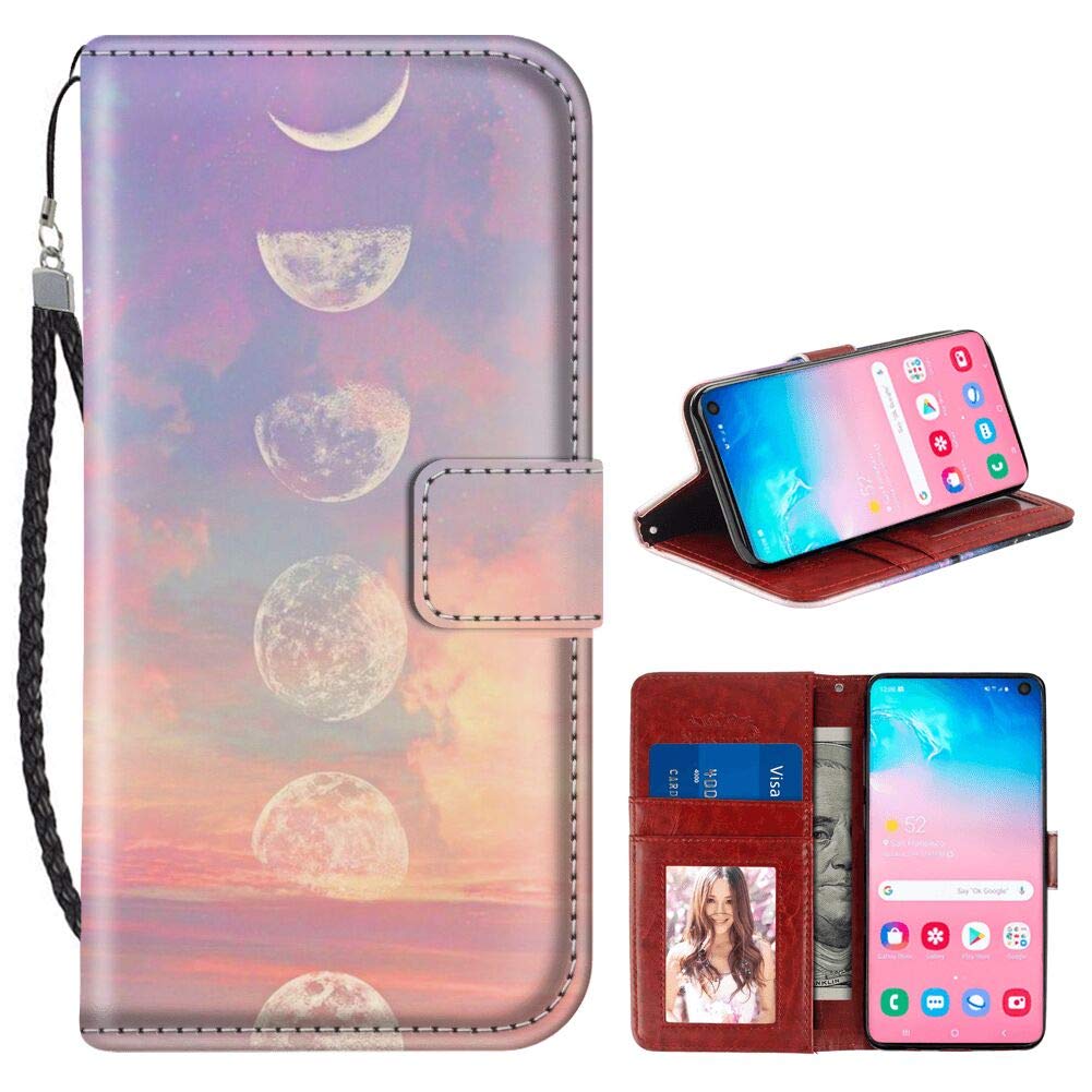 Samsung Galaxy S10 Wallet Case - PU Leather Phone Cover with Card Holder & Wrist Strap | Sunset Moon Design | Perfect for Daily Use, Travel & Business Meetings
