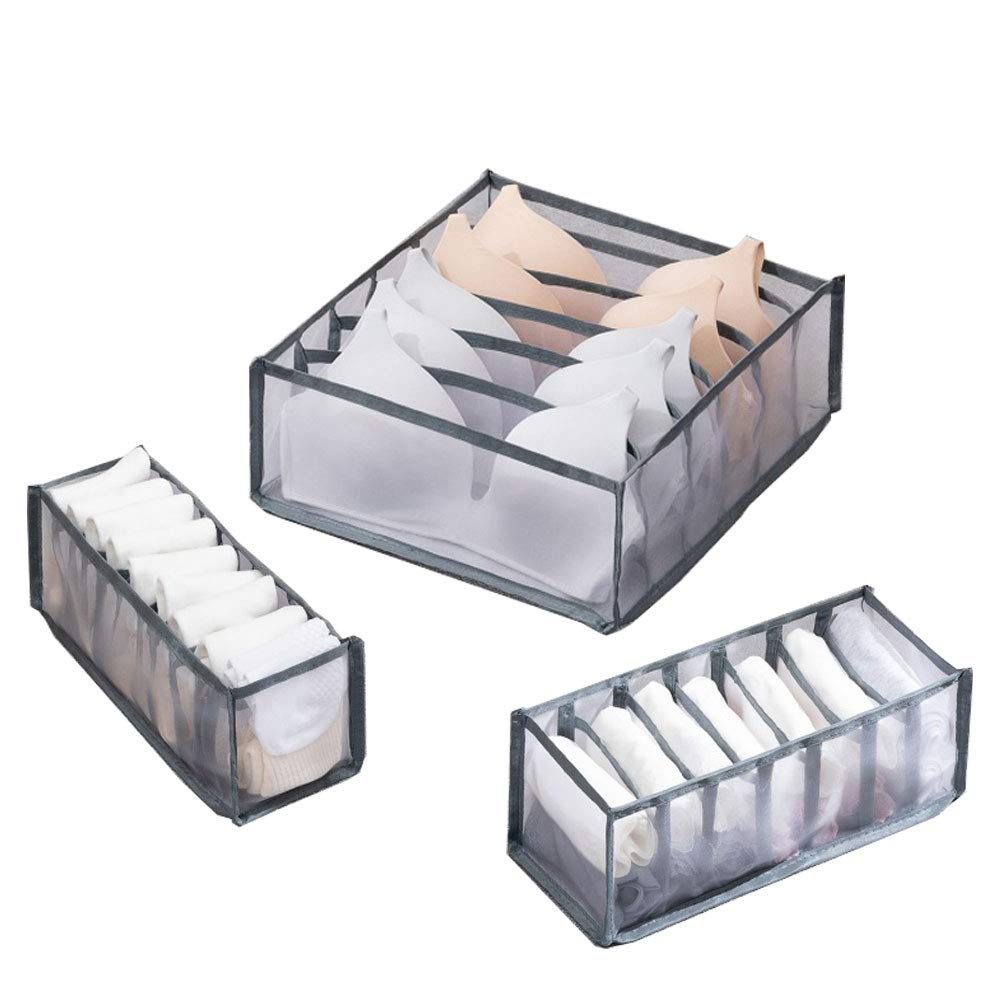 3-Pack Foldable Underwear Organizer Storage Box - Thickened Gray Bra & Sock Drawer Dividers for Closet, Dresser, Travel & Home Organization