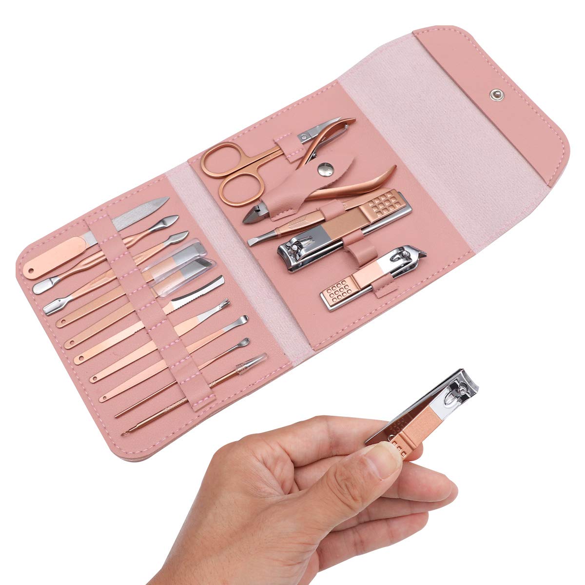16-Piece Nail Grooming Kit - Professional Nail Clippers, Cuticle Cutter, Nail File & Fine Tooth Comb - Rose Gold Travel Manicure Set for Home & Salon Use