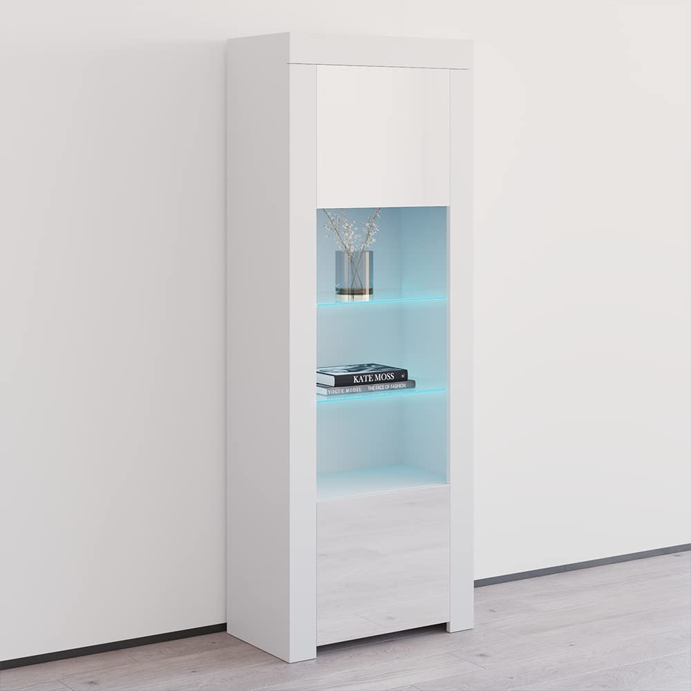 Modern Freestanding Bookcase with Customizable LED Lights - Durable Wooden Bookshelf with 2 High Gloss Doors & Glass Shelf - Decorative Storage Furniture for Living Room, Office & Bedroom - White