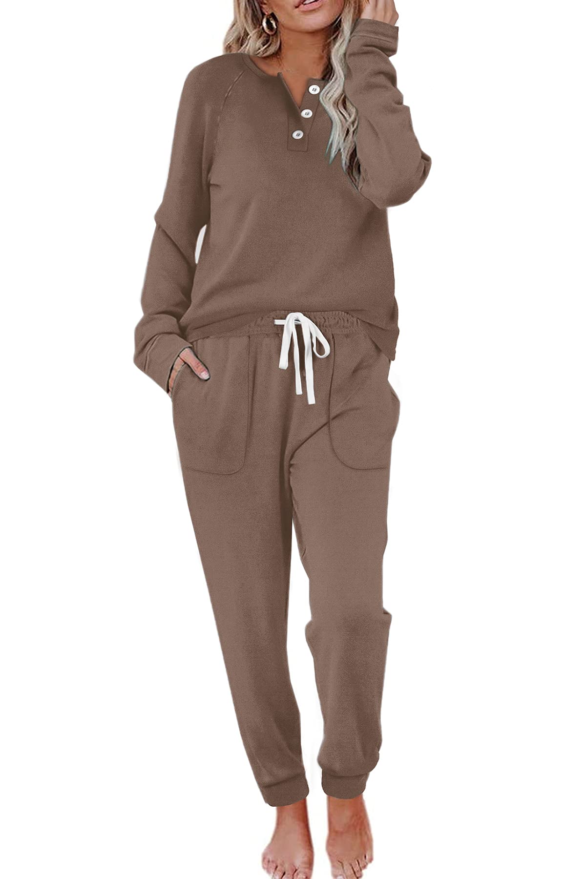 WIHOLL Women's 2-Piece Lounge Set - Button Down Sweatshirt & Sweatpants Outfit with Pockets | Casual Loungewear for Home, Yoga & Running Errands