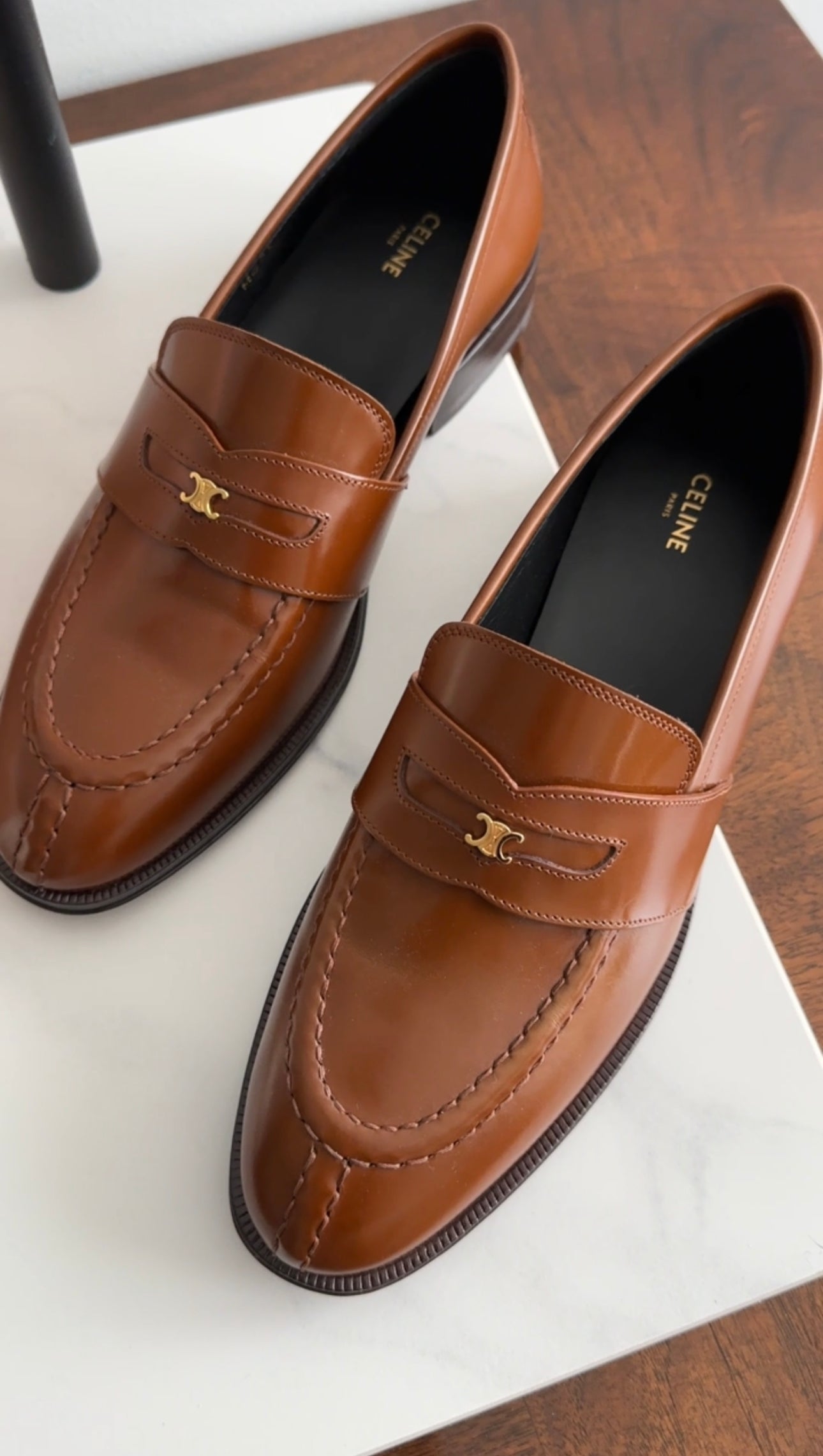 Celine Tan Polished Leather Triomphe Loafers Size 37 | Women's Luxury Slip-On Shoes for Office, Travel & Casual Wear