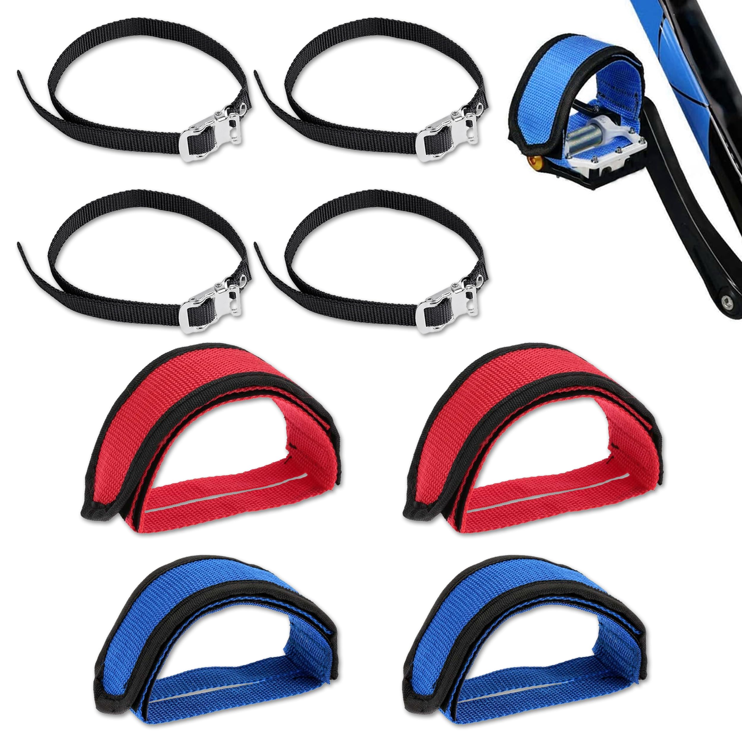 4 Pairs Adjustable Universal Bike Pedal Straps - Toe Clips & Cycling Foot Straps for Fixed Gear Bicycles - Secure Foot Rest for Commuting, Road Biking & Indoor Cycling