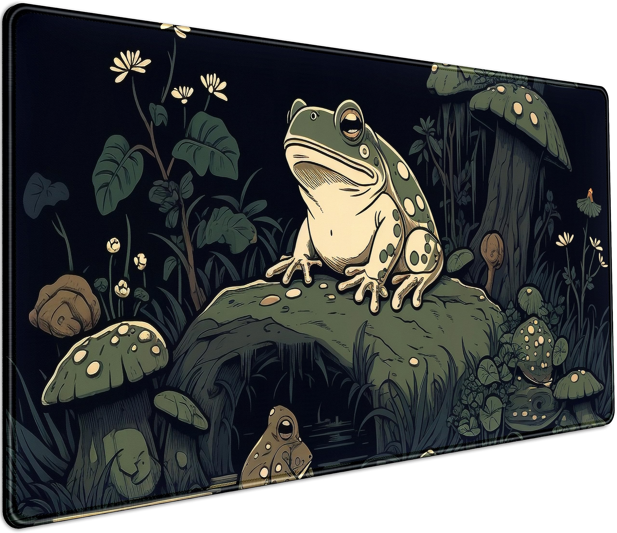 Kawaii Mushroom Cute Frog Anime Gaming Mouse Pad - Dark Green Forest Design XXL (31.5x15.75 in) Non-Slip Rubber Base with Stitched Edges - Large Extended Laptop Keyboard Mouse Mat Desk Pad for Gaming, Office & Home Workspace