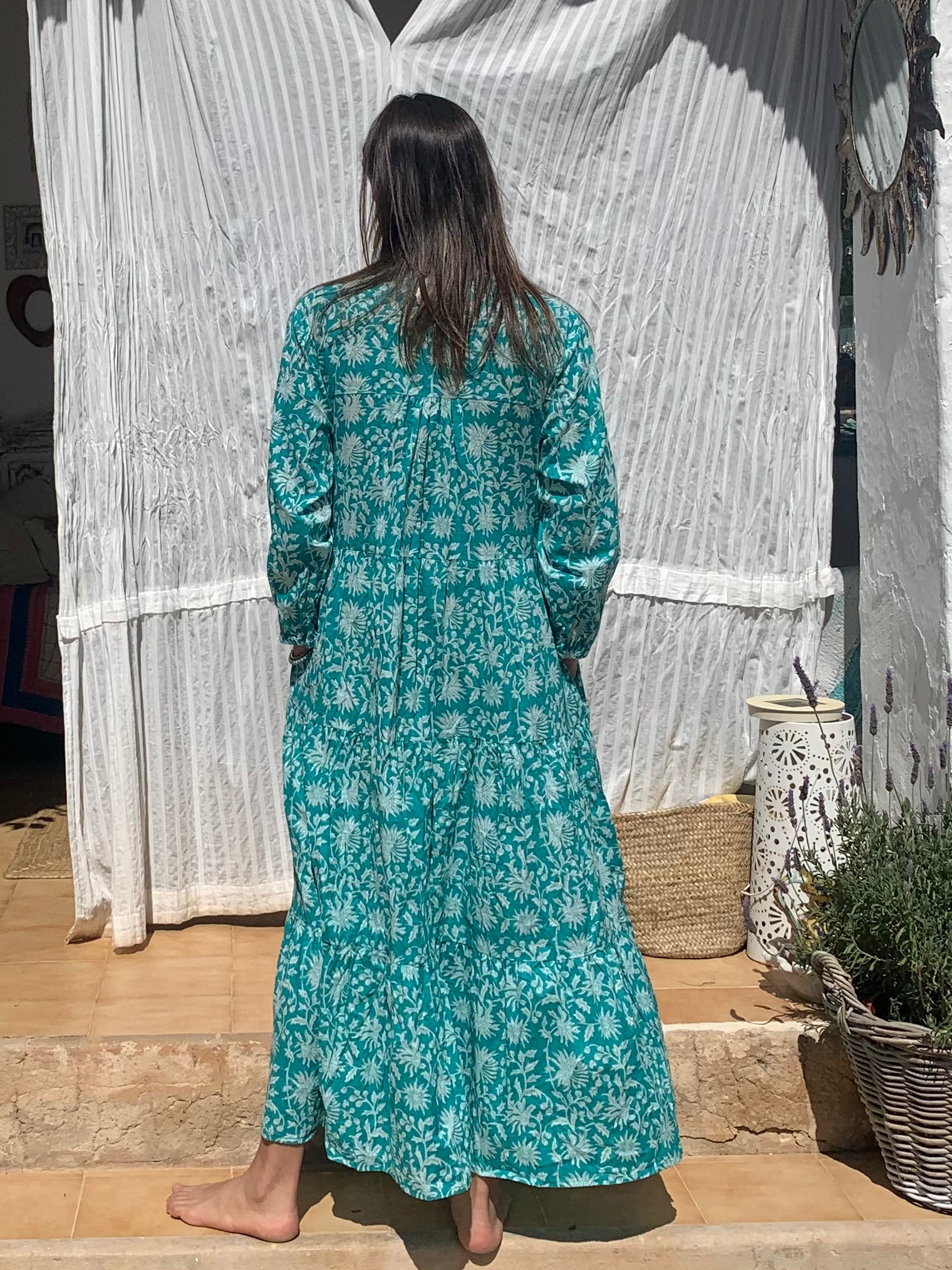 Turquoise Green Hawa Mahal Kaftan Dress for Women - Boho Chic Beach Cover Up, Resort Wear for Formentera Vacations & Summer Getaways