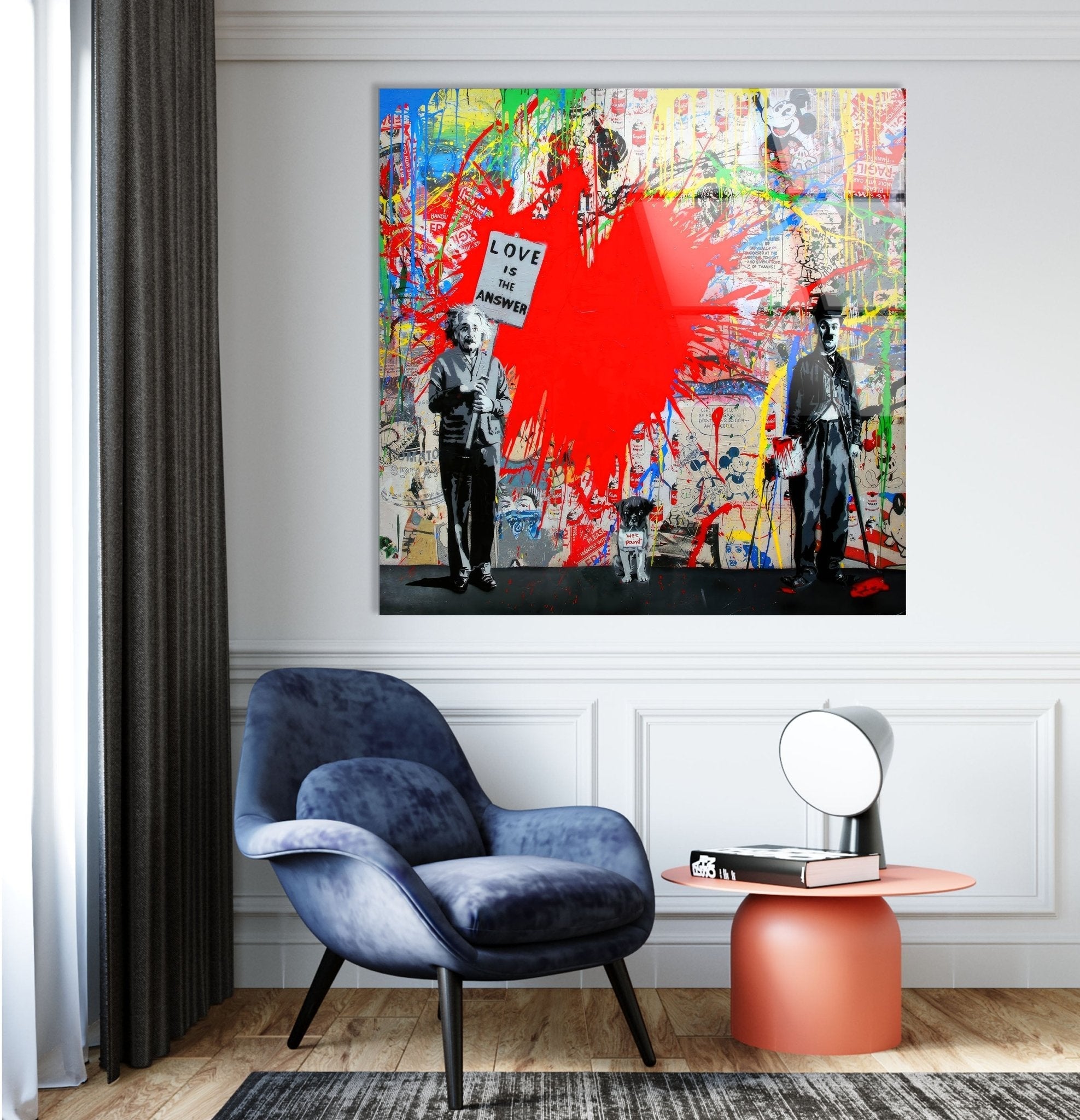 Banksy Einstein Love is the Answer Glass Wall Art - Modern Home Decor for Living Room, Bedroom & Office