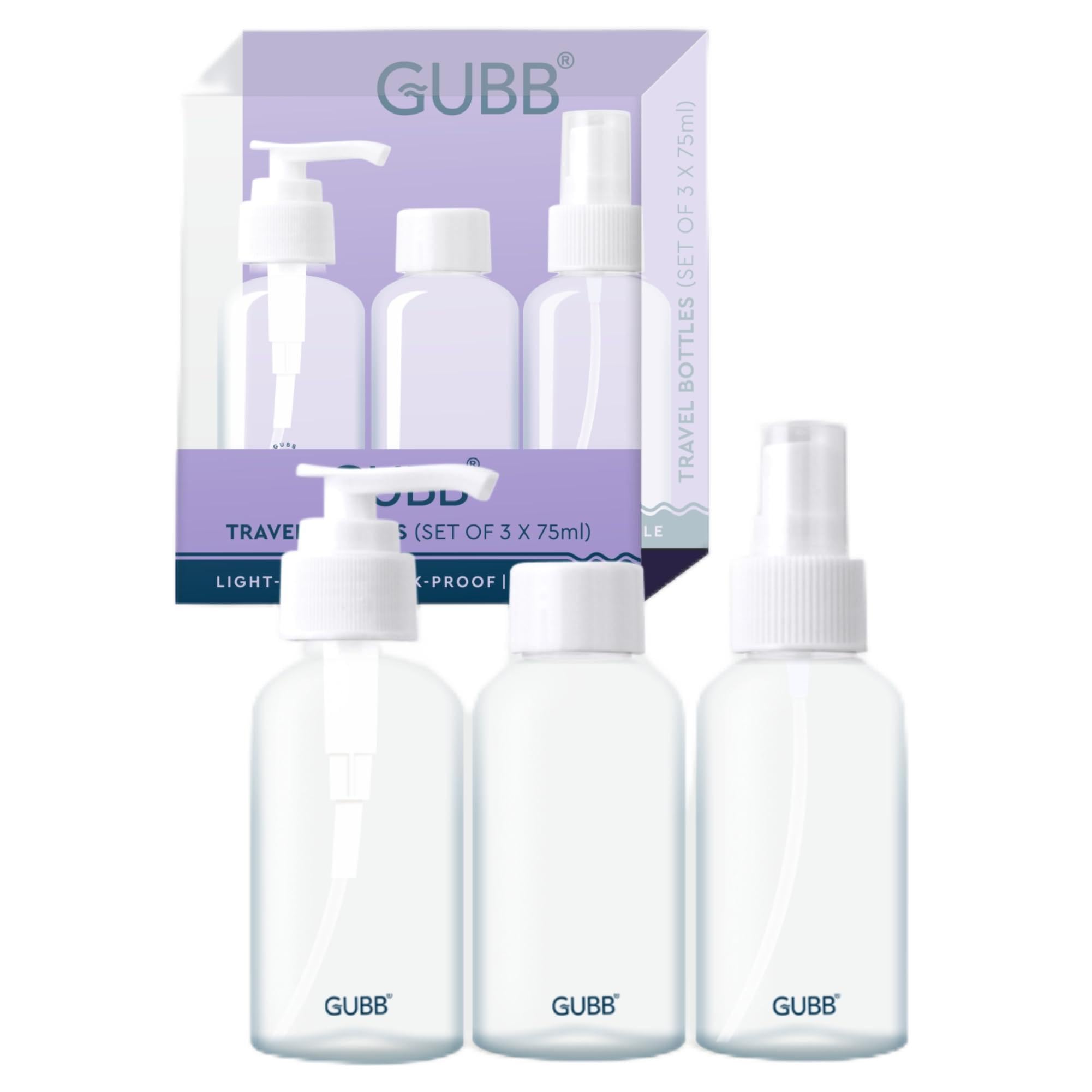 GUBB Travel Bottle Set - Leak Proof Refillable Toiletries Bottles with Pump, Spray & Cap for Shampoo, Lotion & Cosmetics | Perfect for Air Travel, Gym & Vacation Essentials