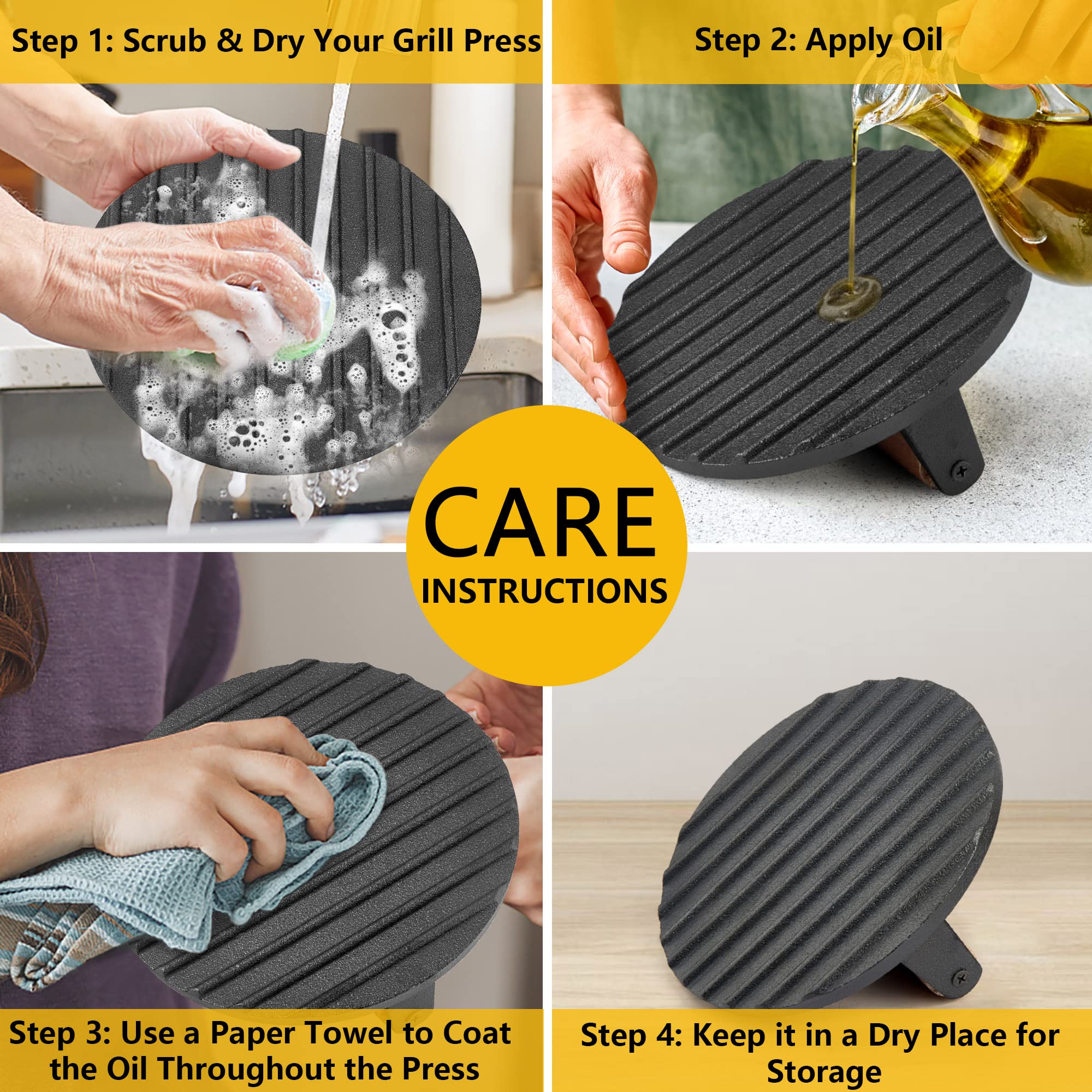 Leonyo 4-Piece Heavy Duty Cast Iron Smash Burger Press Set - Perfect for Griddles, Flat Top Grills, Bacon, Steaks & Sandwiches - Ideal for BBQ, Restaurants & Home Cooking
