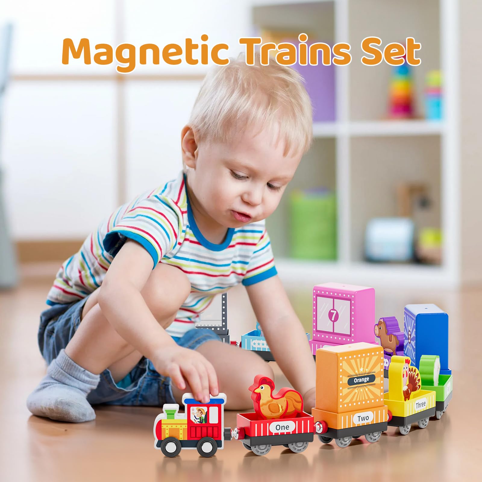 Wooden Animal Toy Train Set for Toddlers 1-3 Years - Montessori Magnetic Train Toys, Preschool Educational Learning & Sensory Toys - Perfect Gift for Boys & Girls - Great for Playtime, Early Childhood Development & Birthday Presents
