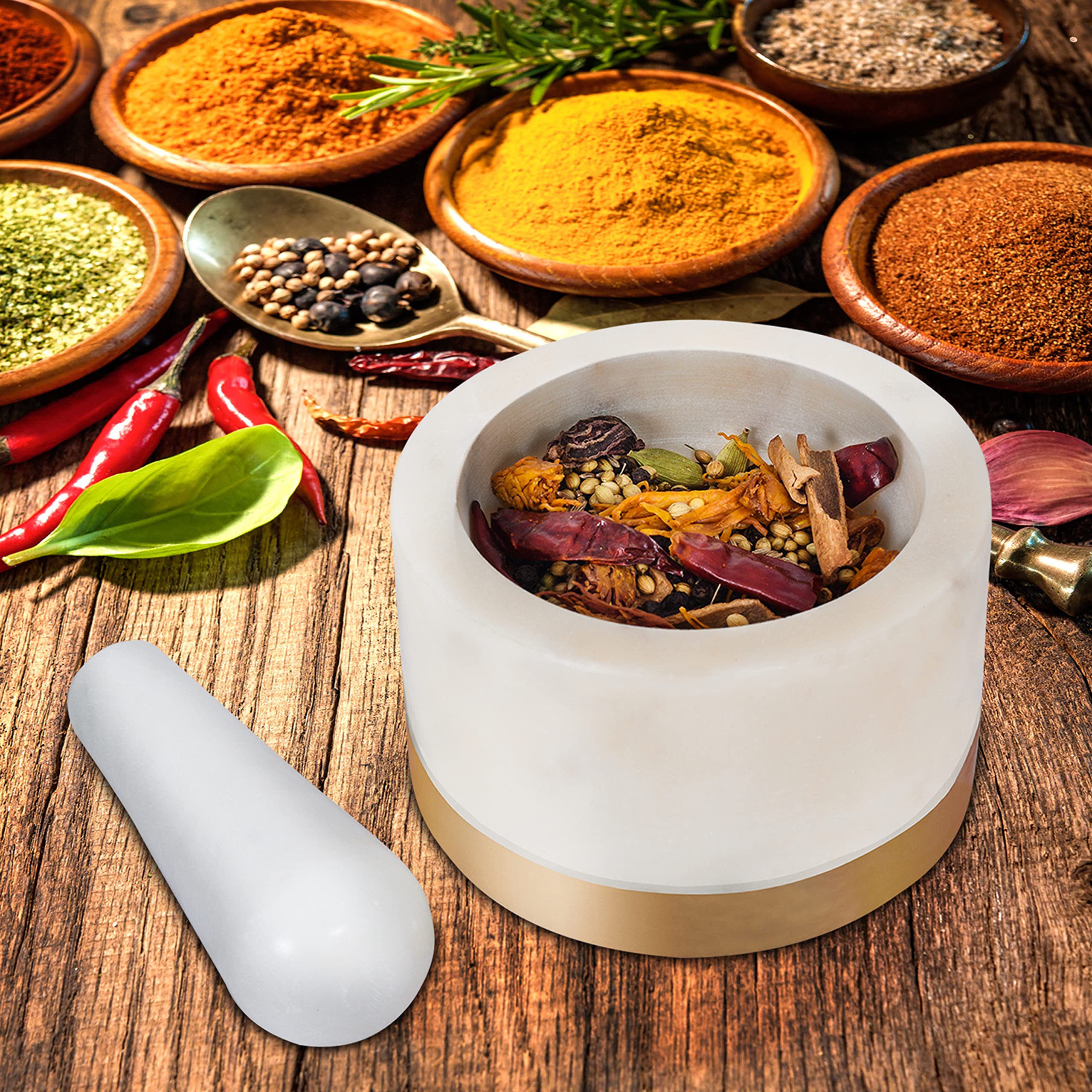 Premium Marble Mortar and Pestle Set with Brass Base - Heavy Duty Natural Stone Grinder for Spices, Herbs, Seasoning & Pastes - Perfect for Kitchen, Cooking, Ayurveda & Herbal Medicine Preparation