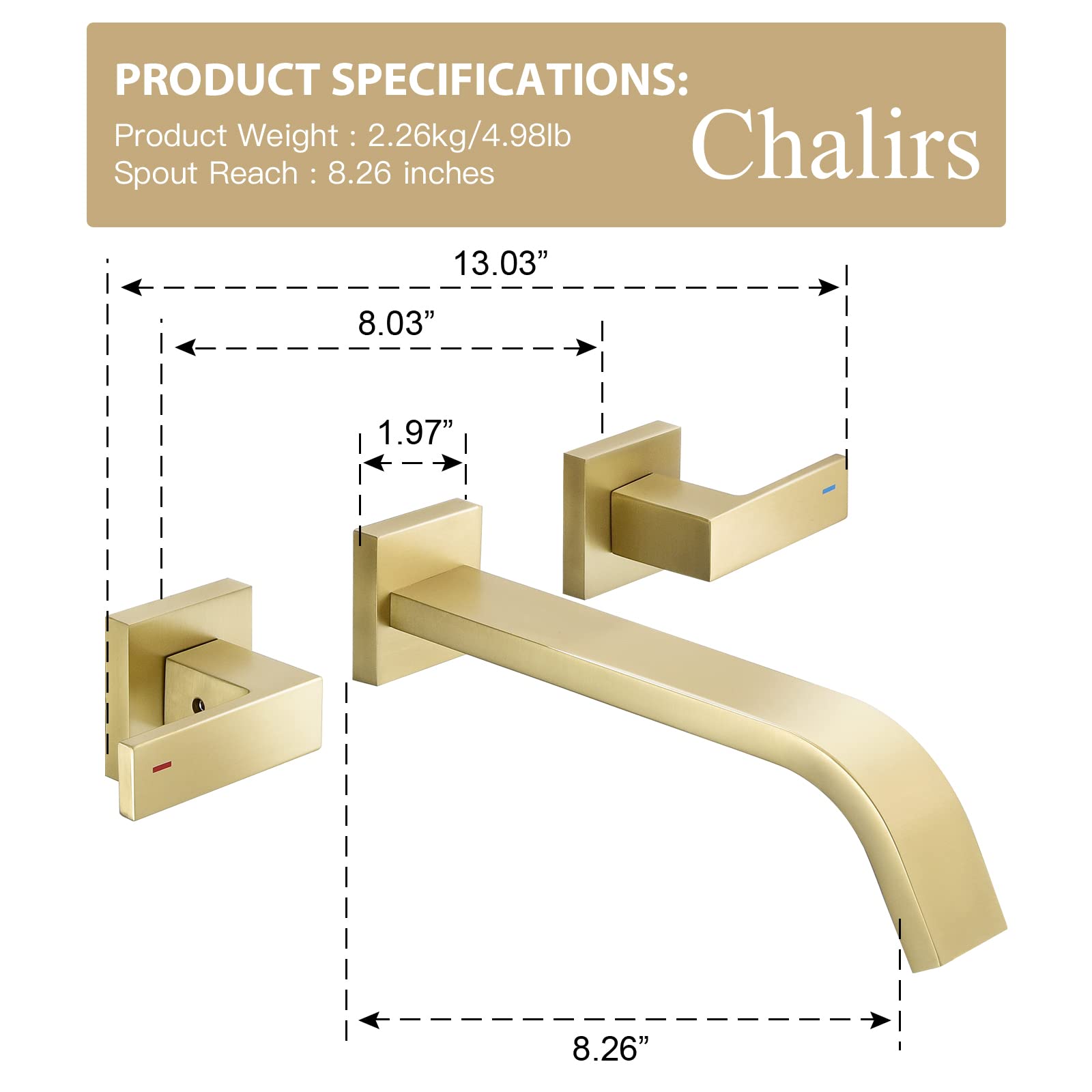 Brushed Gold Wall Mounted Bathroom Faucet - Dual Lever Handles Widespread 3-Hole Faucet for Vessel Sink - Brass Vanity Lavatory Sink Faucet with Rough-in Valve | Perfect for Modern Bathrooms, Powder Rooms & Luxury Home Decor
