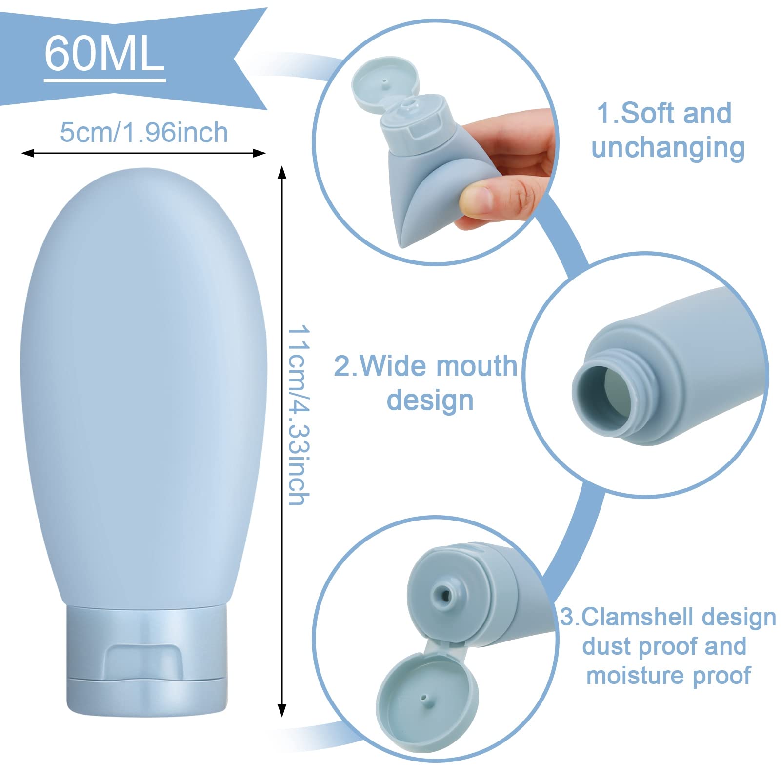 AUXSOUL 6-Piece Leak Proof Travel Bottles Set - 60ml Refillable Squeezable Containers for Toiletries, Shampoo, Lotion & Body Wash | Perfect for Air Travel, Gym & Vacation Essentials