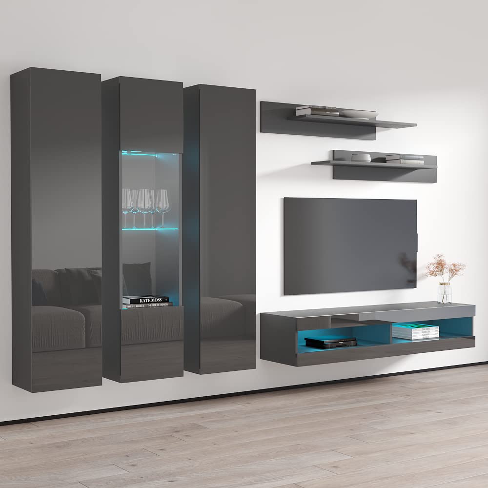 Modern Gray Wall-Mounted TV Stand with Storage Shelves & LED Lights - 34
