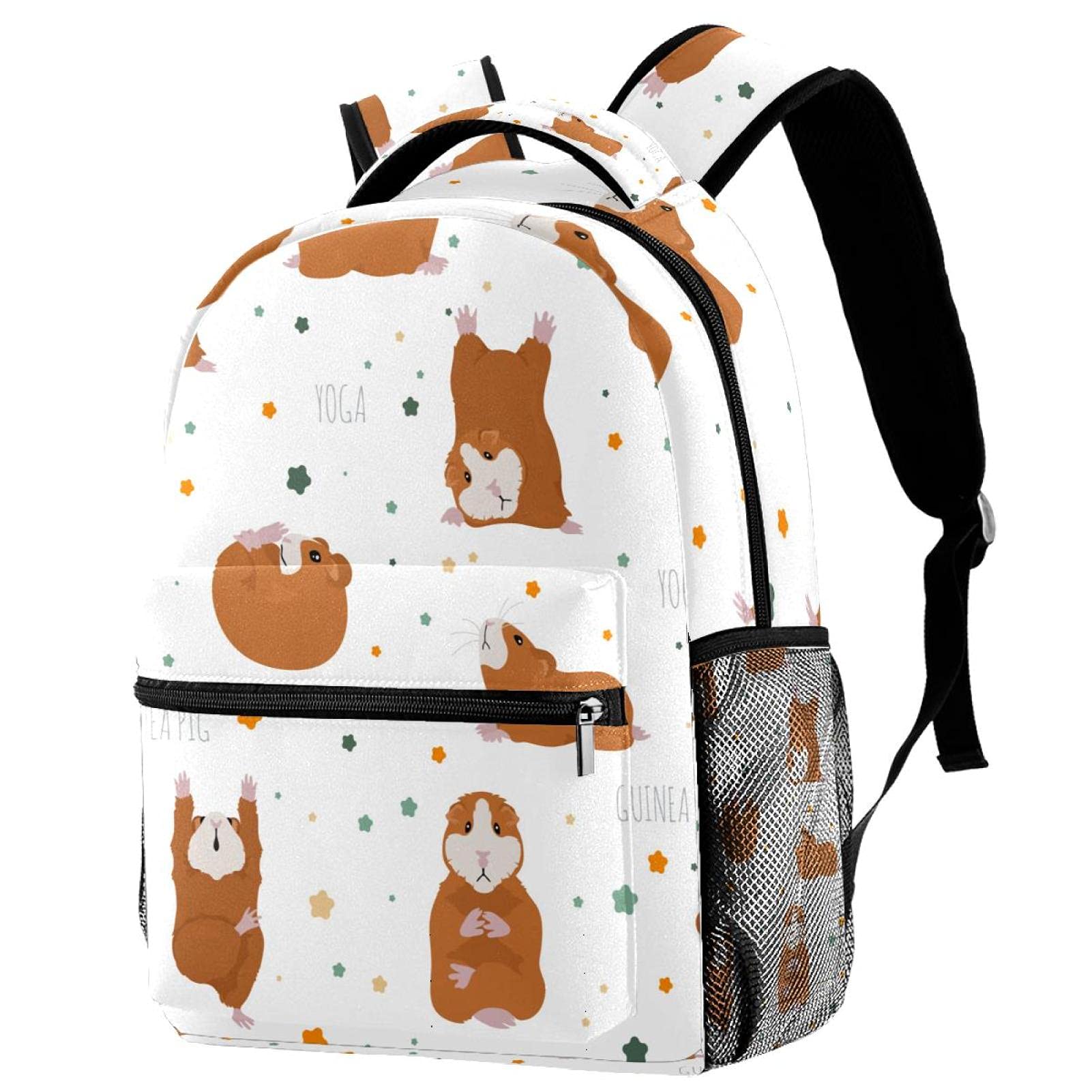 Stylish Twill Cloth Backpack for School & Travel - Durable Bookbag with Guinea Pig & Yoga Poses Design for Boys & Girls - Perfect for Daily Use, Commuting & Outdoor Activities