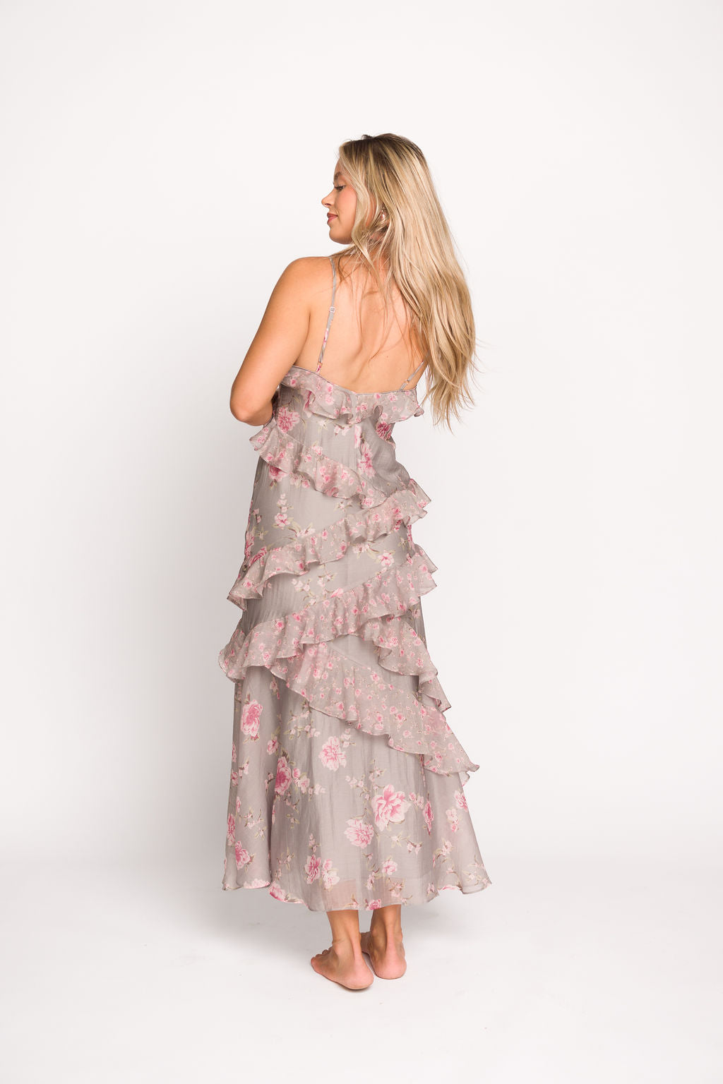 Amelia Ruffle Maxi Dress - Grey & Pink Floral Print Summer Beach Dress for Women | Boho Chic Wedding Guest Outfit & Vacation Dress