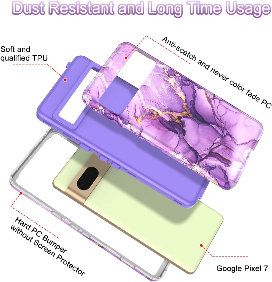 Google Pixel 7 Case - Heavy Duty Shockproof Hybrid Soft Drop Protection Cover - Purple Marble Design - Perfect for Outdoor Activities & Daily Use