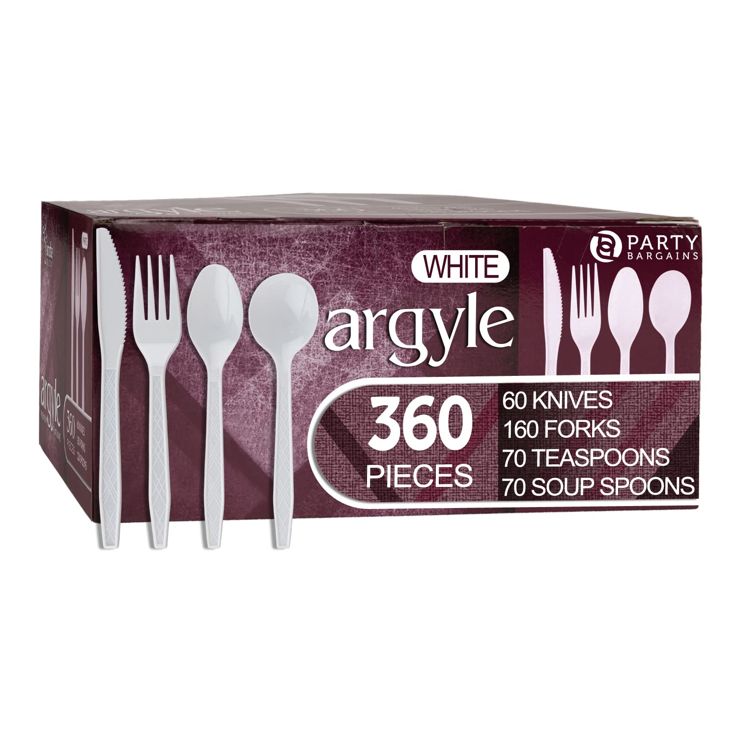 360-Piece Disposable Cutlery Set - 70 Soup Spoons, 70 Teaspoons, 160 Forks, 60 Knives - White Argyle Design for Parties, BBQs, Birthdays & Camping | Perfect for Celebrations, Dinner Parties & Takeout Meals
