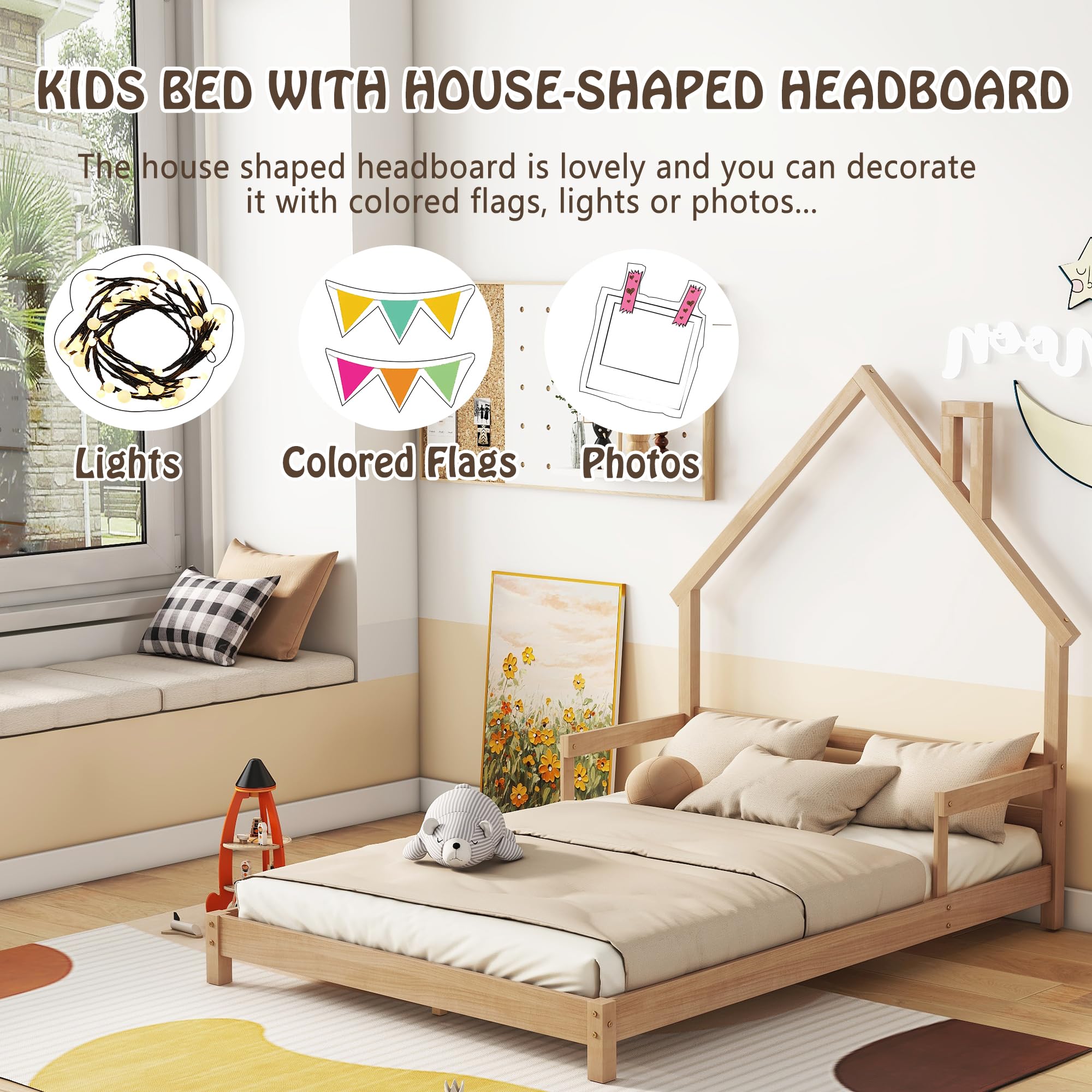 Full Size House-Shaped Kids Bed Frame with Handrails - Low Platform Bed for Boys & Girls, No Box Spring Needed (Natural) - Perfect for Bedrooms, Playrooms & Sleepovers