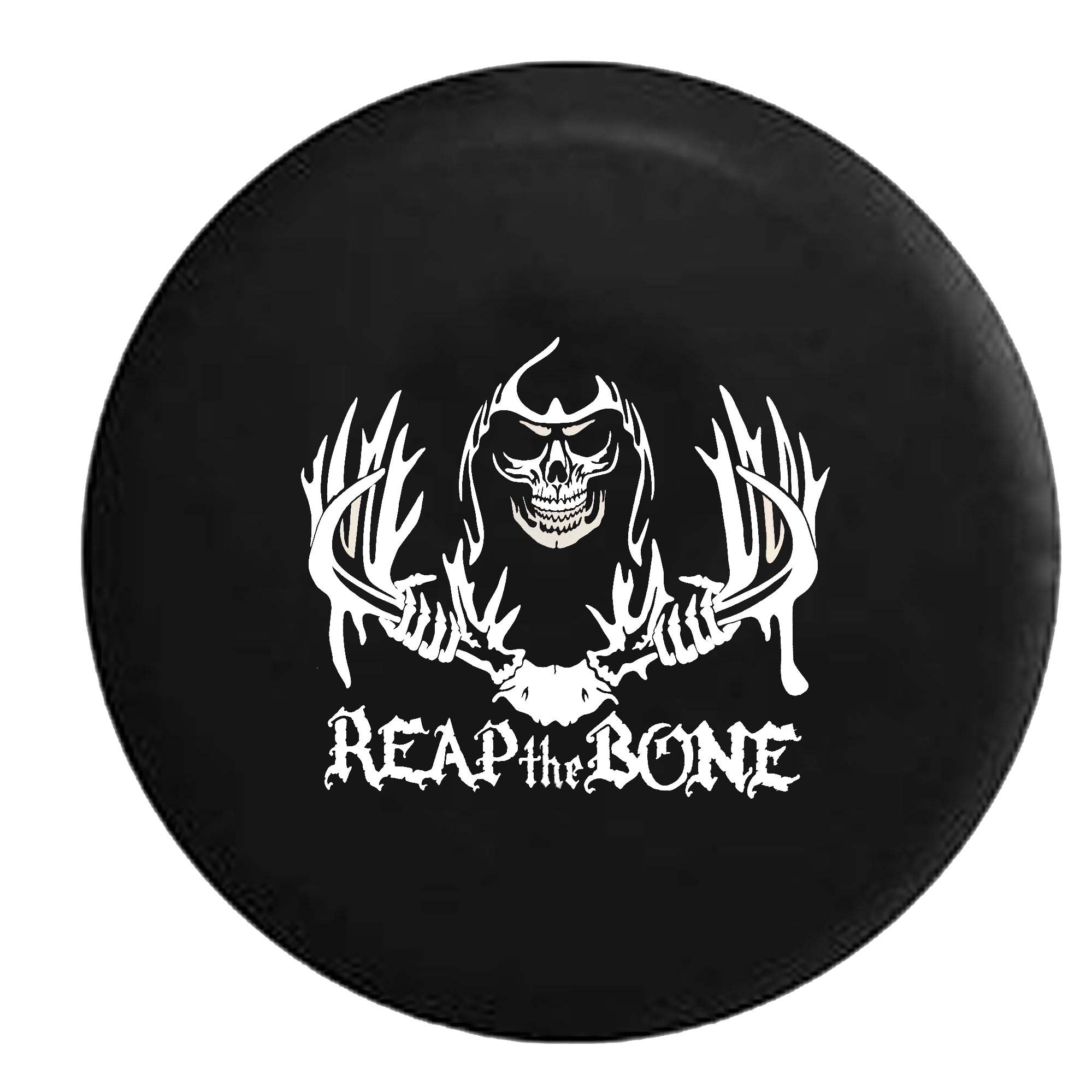 American Educational Products Reap The Bone Antlers Skull Grim Reaper Spare Tire Cover - 31 Inch Vinyl Black for Trucks & SUVs - Halloween Decor, Tailgating Accessories & Off-Road Protection