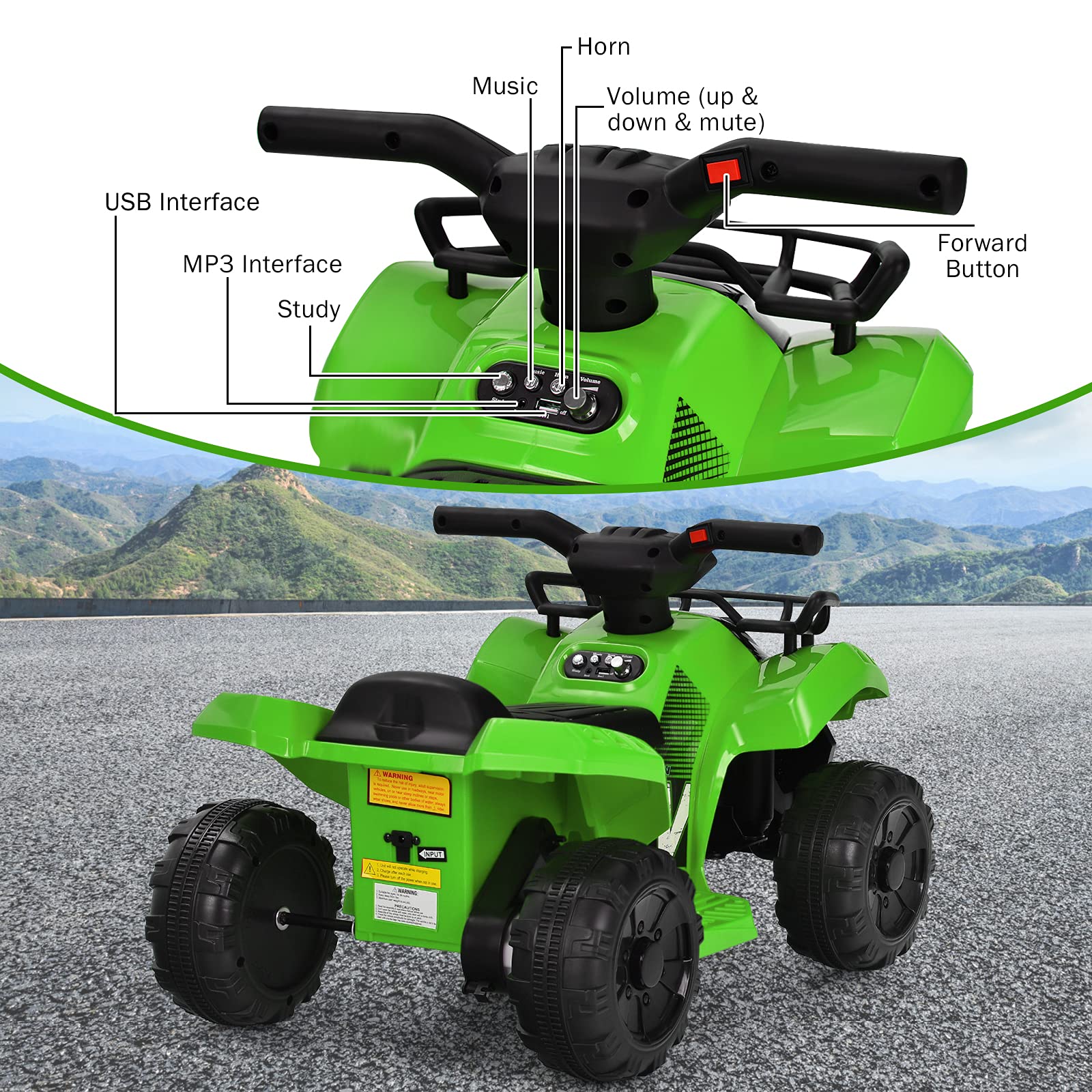 Costzon 6V Kids Electric ATV Quad - Battery Powered Ride-On Toy with Storage Basket, Headlights, Horn & Music for Boys & Girls 18-36 Months | Outdoor Play, Backyard Fun, Birthday Gift (Green)