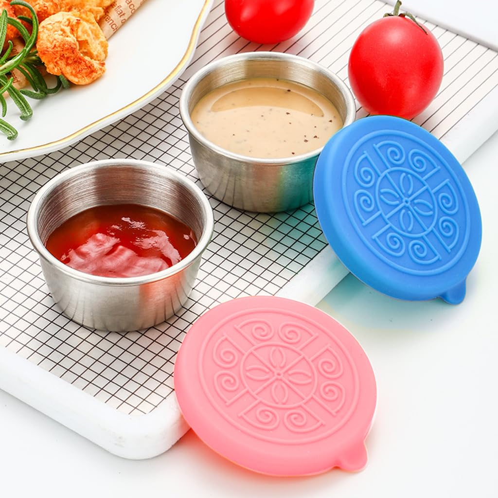 HASTHIP® 2 Pack 40ML Stainless Steel Salad Dressing Containers with Lids - Reusable Leakproof Sauce Cups for Bento Box, Picnic, Travel, Camping & Office Lunch - Pink & Blue Set