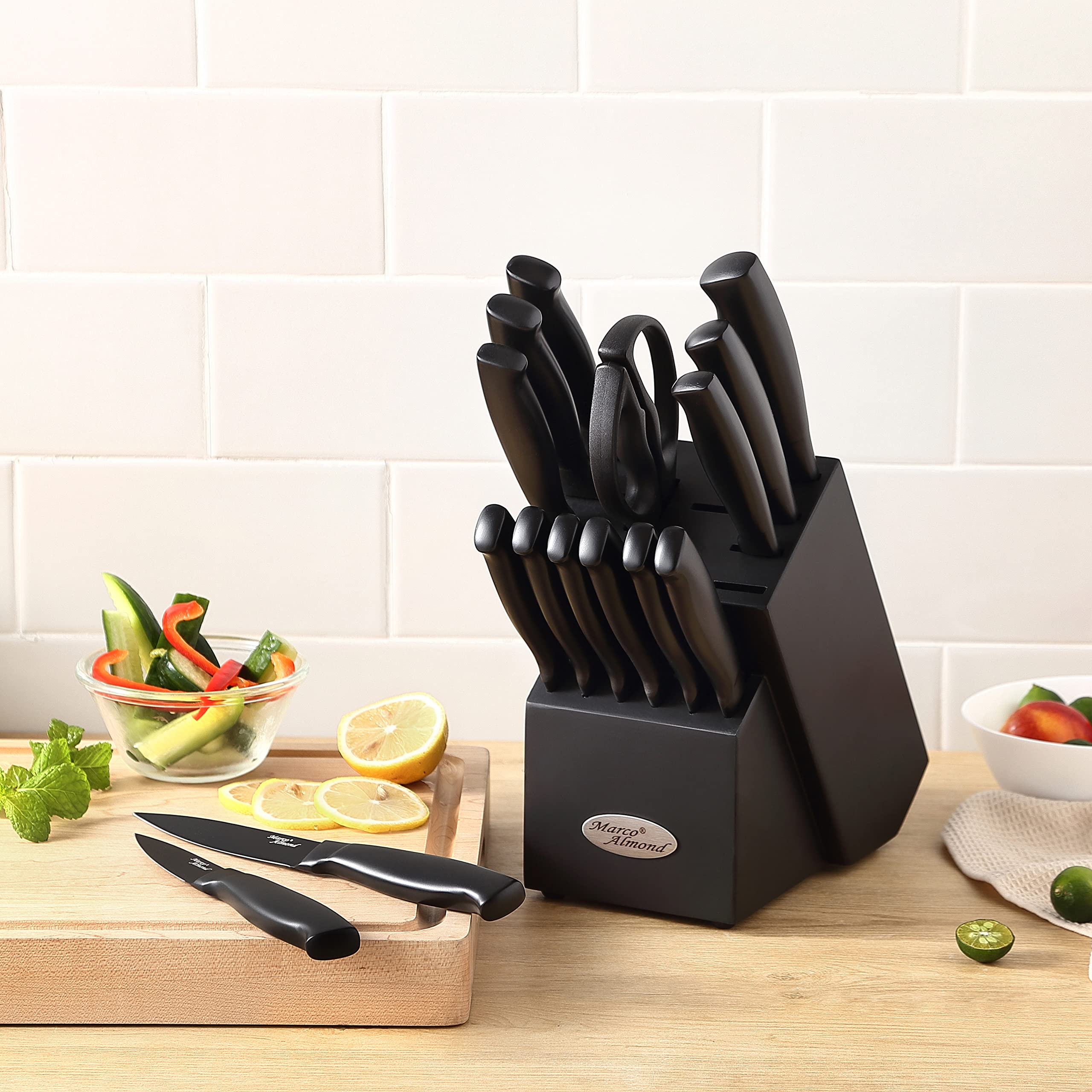 Marco Almond® 17-Piece Stainless Steel Kitchen Knife Set with Block & Sharpener MA23 – Professional Chef Knives for Cooking, Slicing, Dicing – Perfect for Home Kitchens & Culinary Enthusiasts