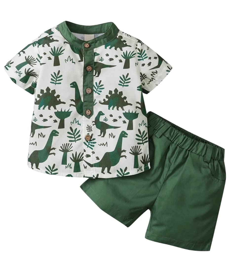 Stylish Green Dinosaurs Printed Toddler Boys Henley Shirt & Shorts 2-Piece Outfit - Soft Cotton Summer Clothes for Playdates, Daycare & Outdoor Adventures