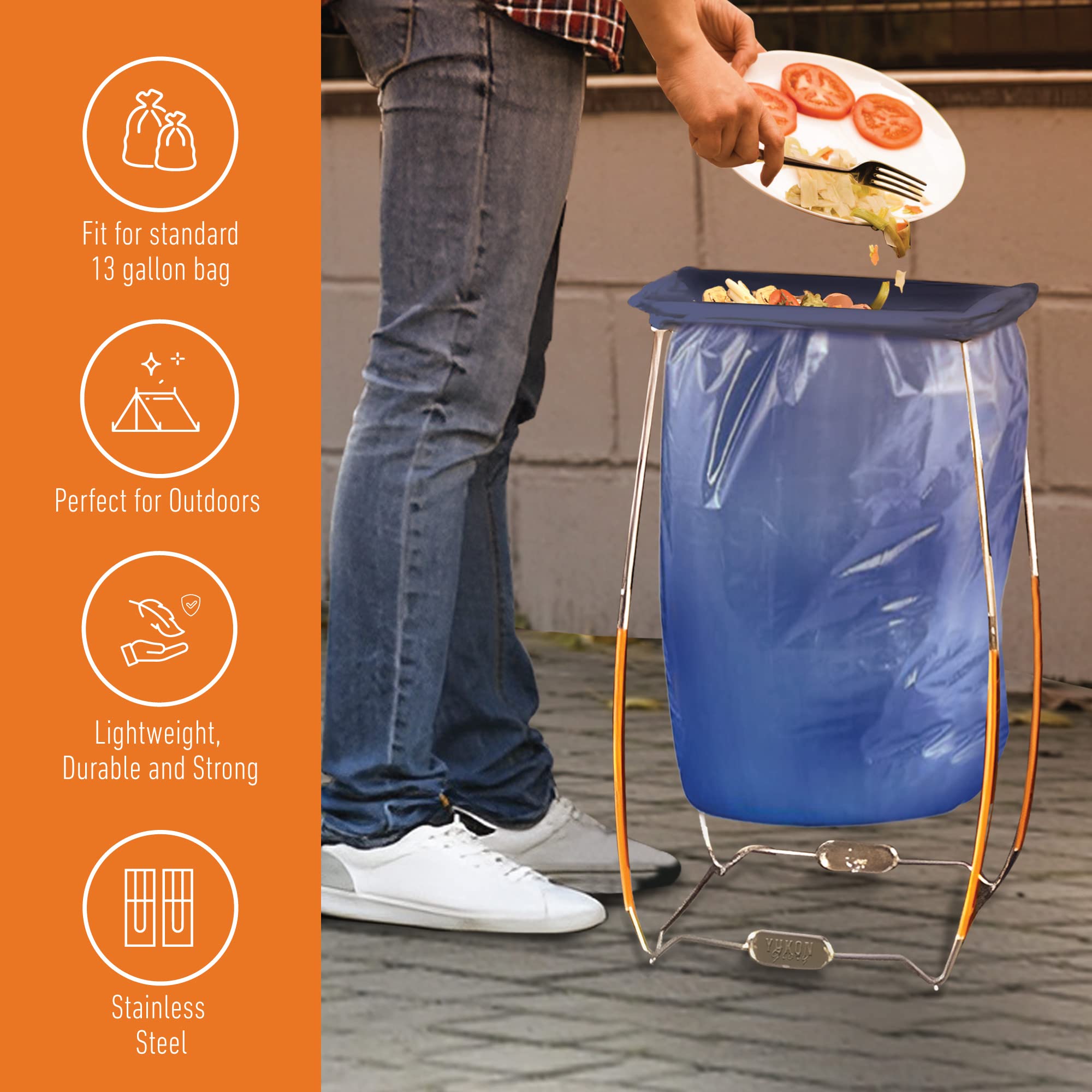Yukon Glory™ Stainless Steel Trash Bag Holder - 13 Gallon Collapsible Camping Trash Can Support Stand with Carry Bag | Perfect for Outdoor Picnics, Backyard BBQs, RV Trips & Beach Cleanups