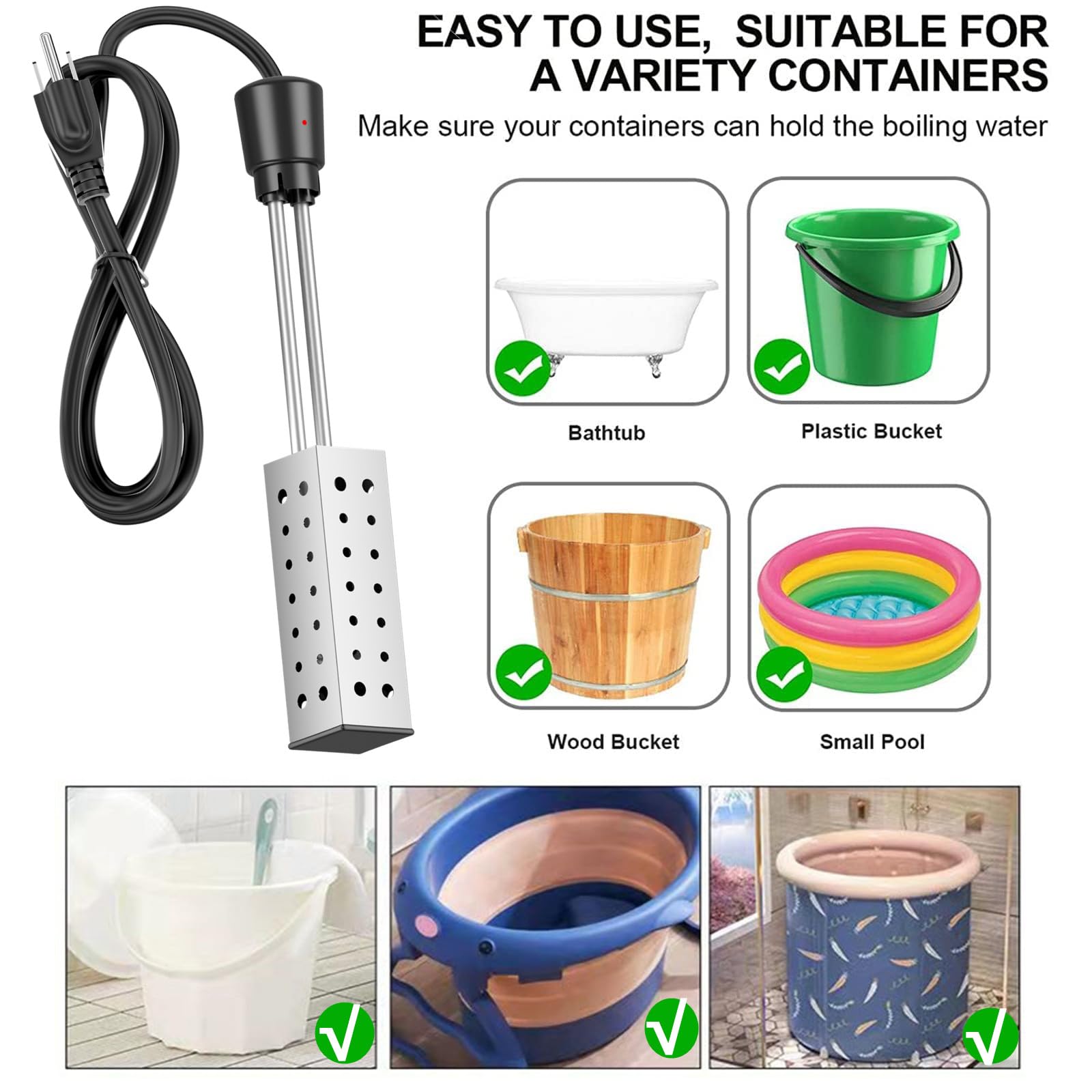 Portable Bucket Heater - Submersible Water Heater for Pools, Bathtubs & Hot Tubs | Fast Heating 5 Gallons to 104°F in 10 Minutes | Perfect for Camping, RV Trips & Outdoor Bathing