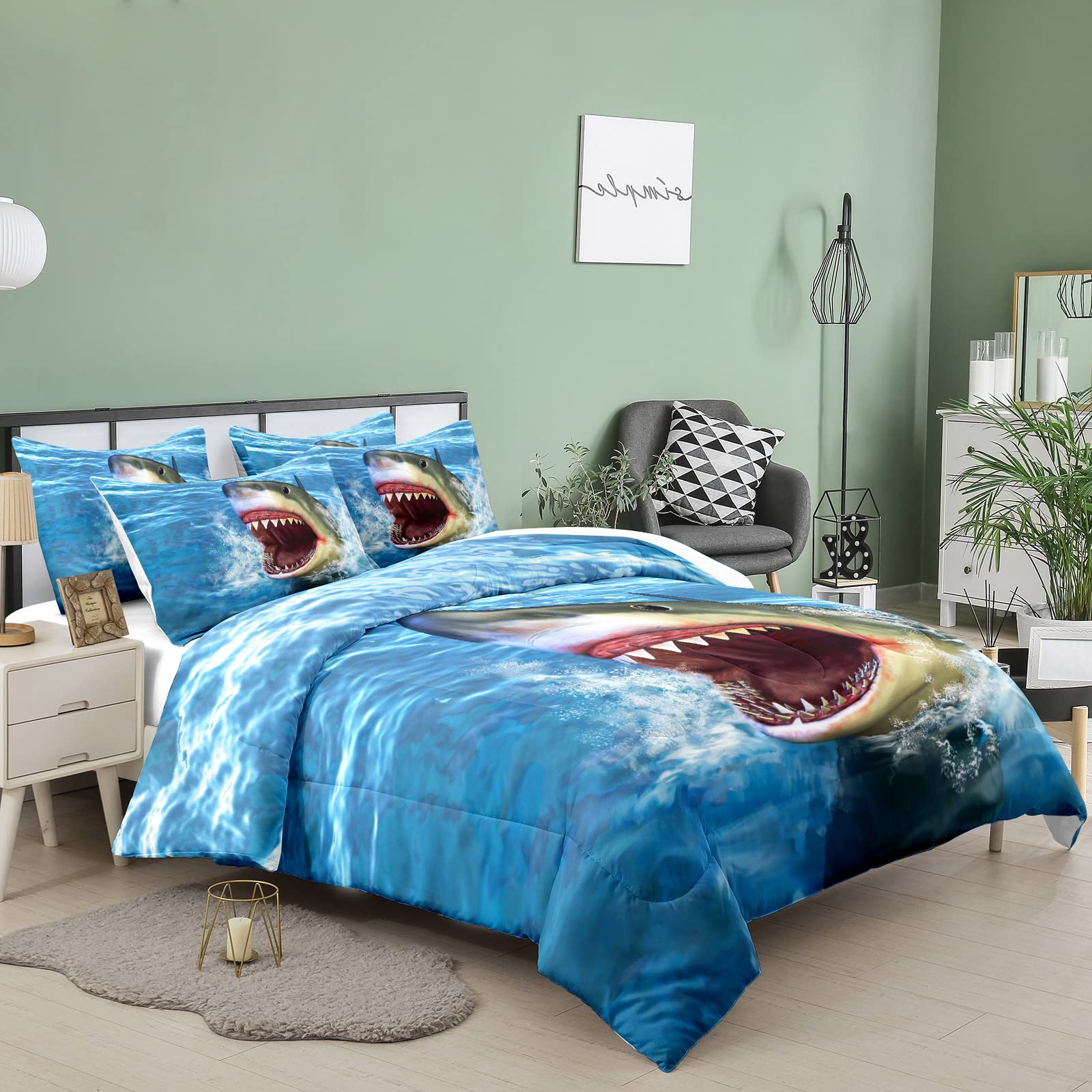 Big Shark Comforter Set for Boys & Teens - Full Size Shark Bedding with 1 Comforter & 2 Pillowcases - Blue Ocean Theme Shark Mouth Design - Perfect for Kids Bedroom, Dorm Room & Shark Lovers