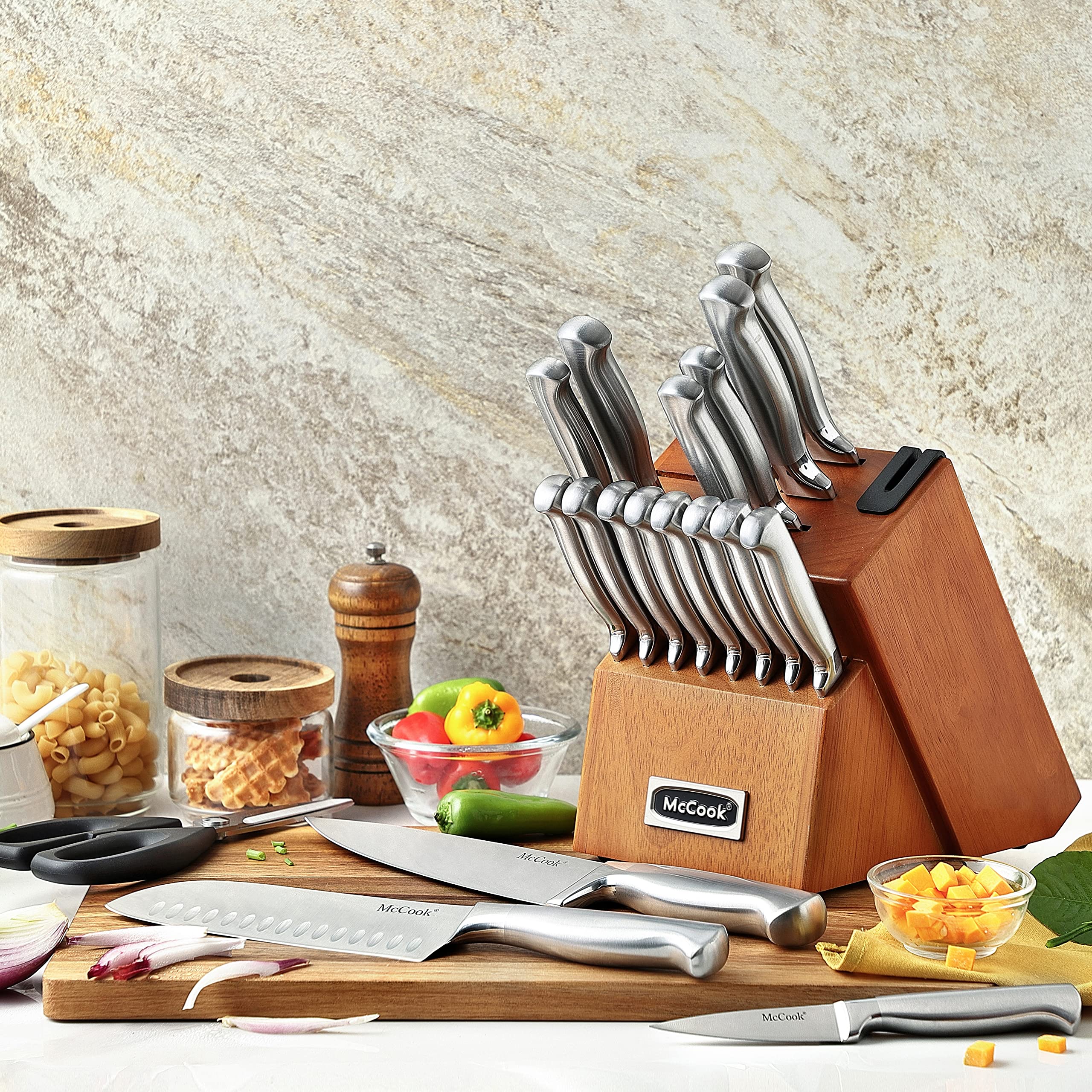 McCook® German Stainless Steel Kitchen Knife Set with Block & Built-in Sharpener - Professional Chef Knives for Cooking, Slicing, Dicing - Perfect for Home Kitchen & Restaurant Use