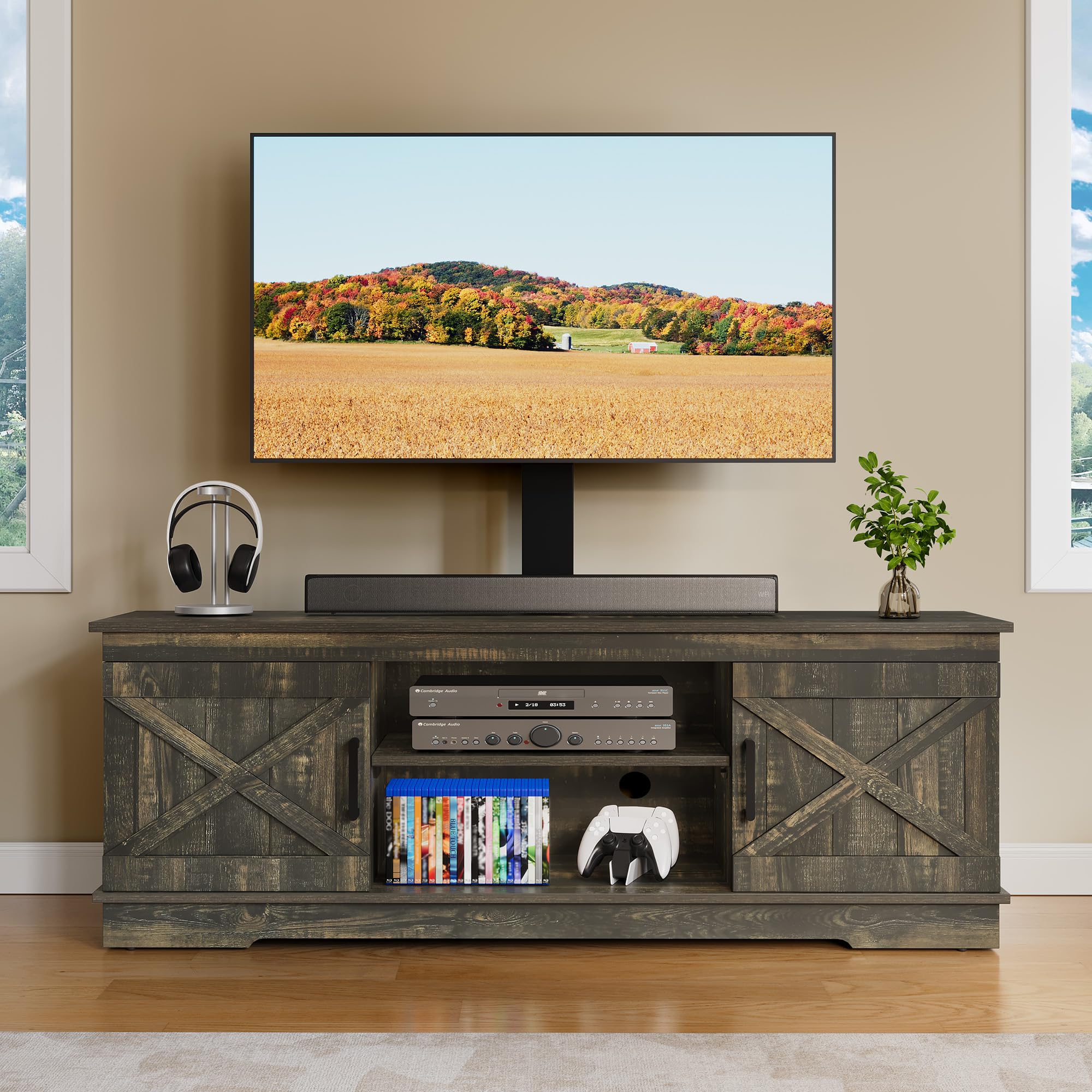 YITAHOME Farmhouse TV Stand with Mount for 32-70 Inch TVs, Sturdy Entertainment Center with Adjustable Shelves - Rustic Oak Media Console for Living Room, Bedroom & Home Theater Setup